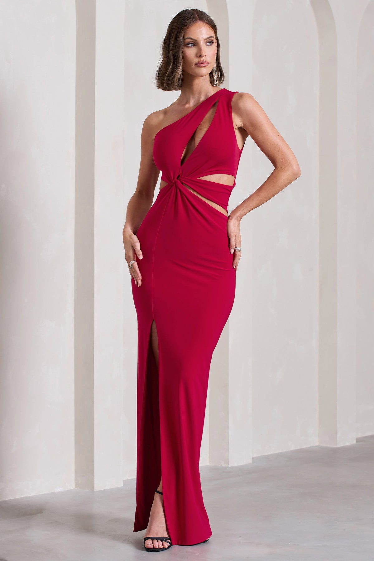 Emmy | Red Asymmetric Cut-Out Split Maxi Dress