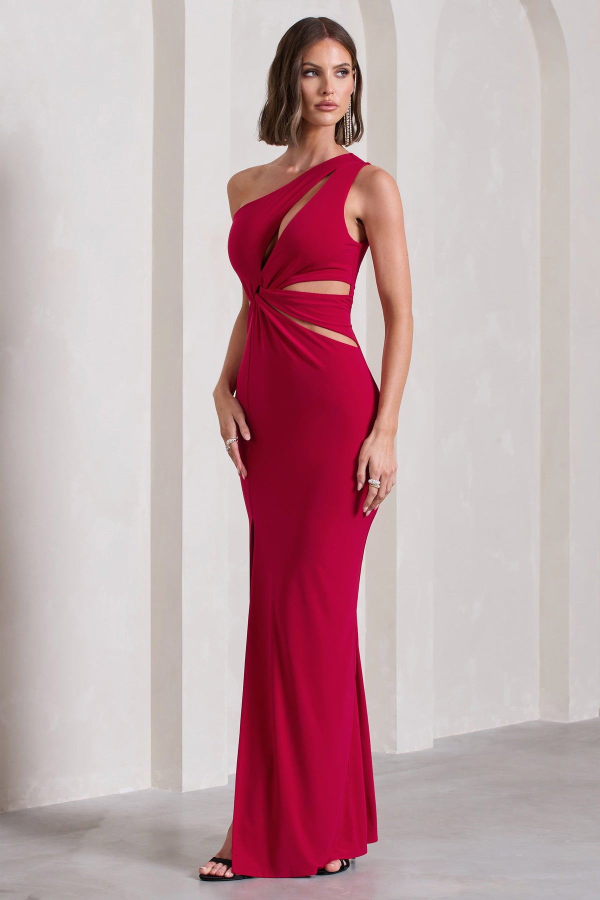 Emmy | Red Asymmetric Cut-Out Split Maxi Dress