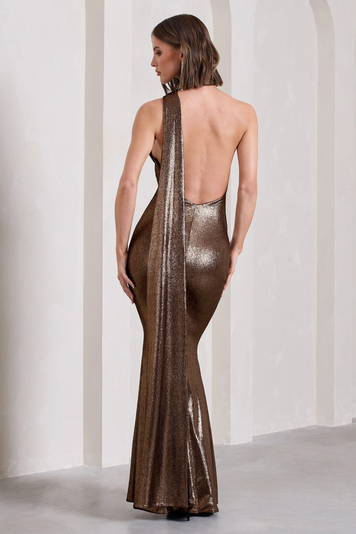 Strike Gold | Bronze Metallic Asymmetric Low-Back Maxi Dress With Scarf