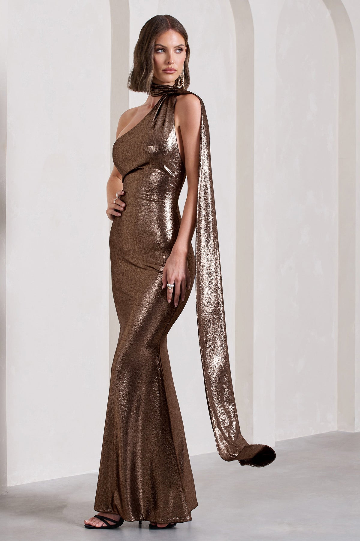 Strike Gold | Bronze Metallic Asymmetric Low-Back Maxi Dress With Scarf