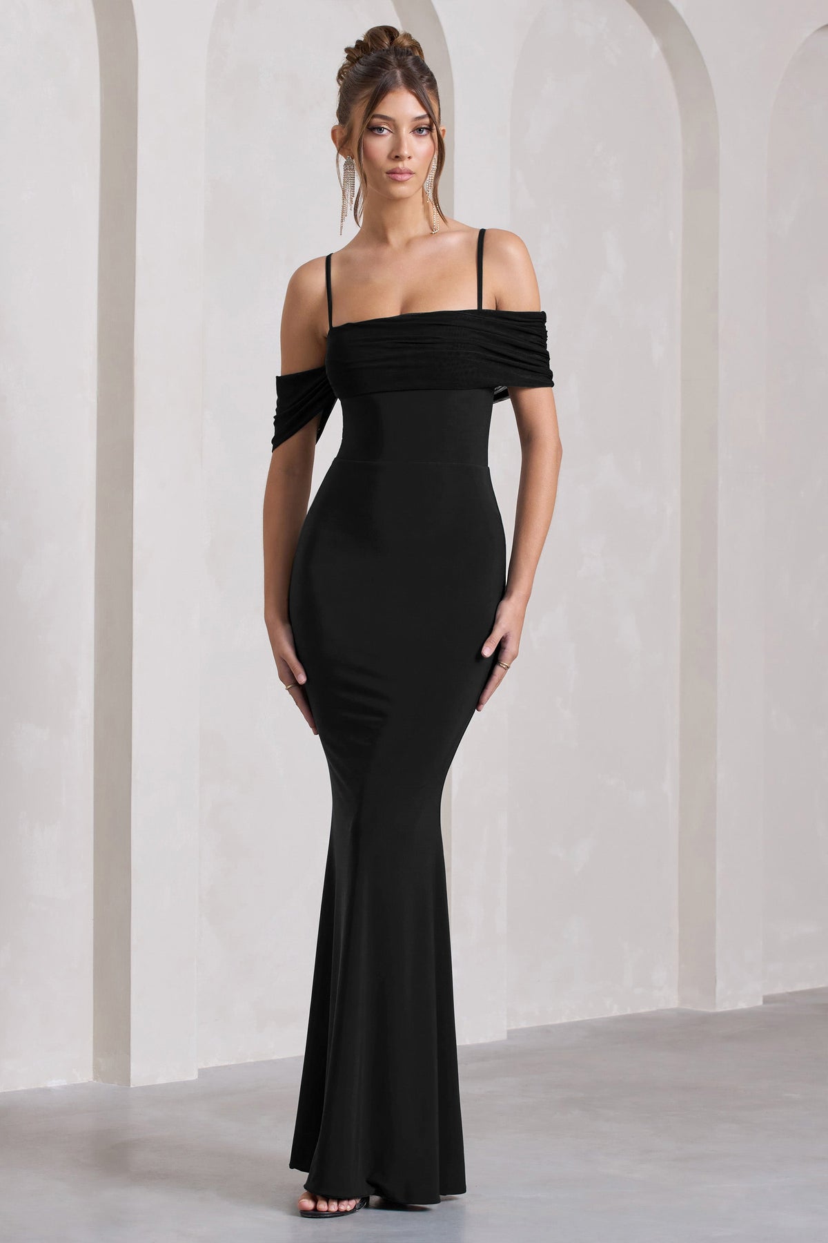 Miracle | Black Strappy Mesh Bardot Maxi Dress