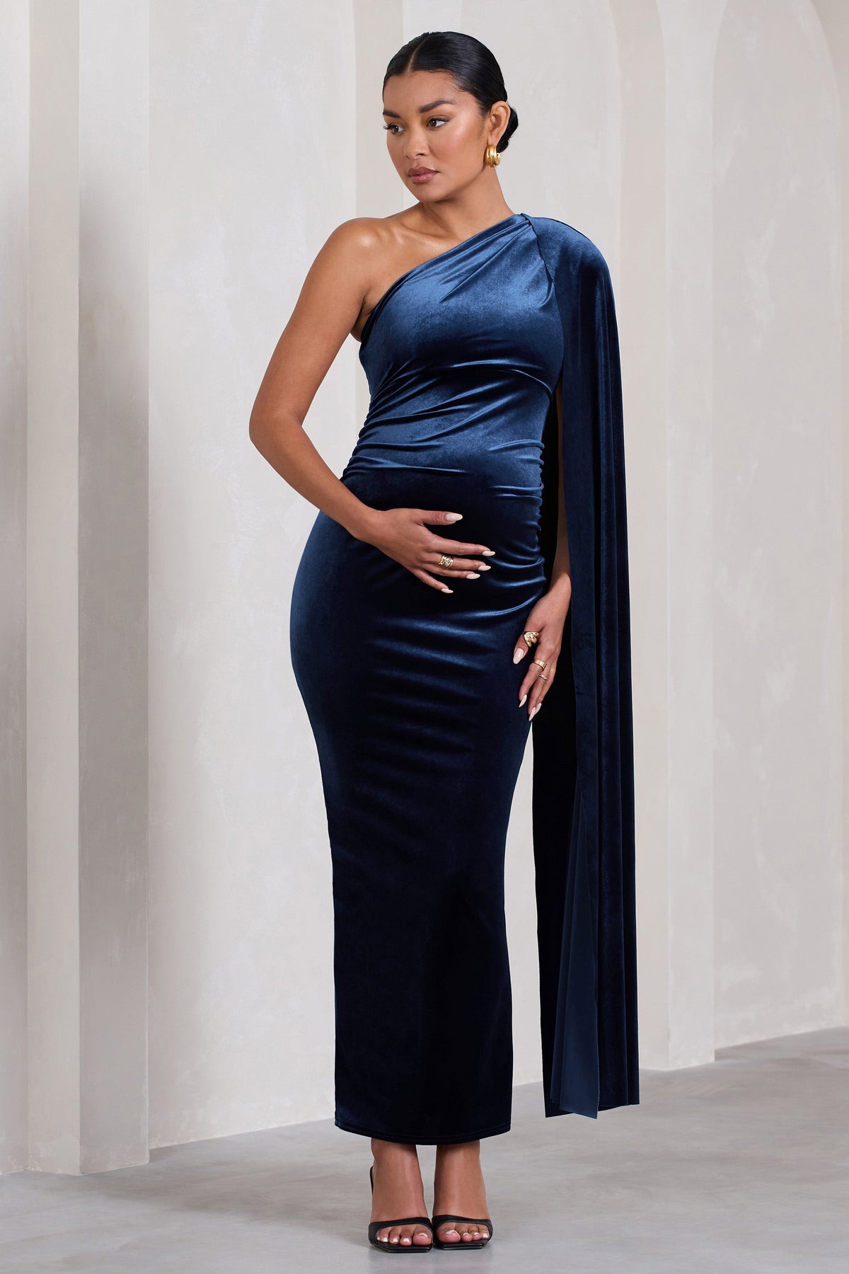 Amaryllis | Navy Velvet Maternity One Shoulder Maxi Dress with Cape Sleeve