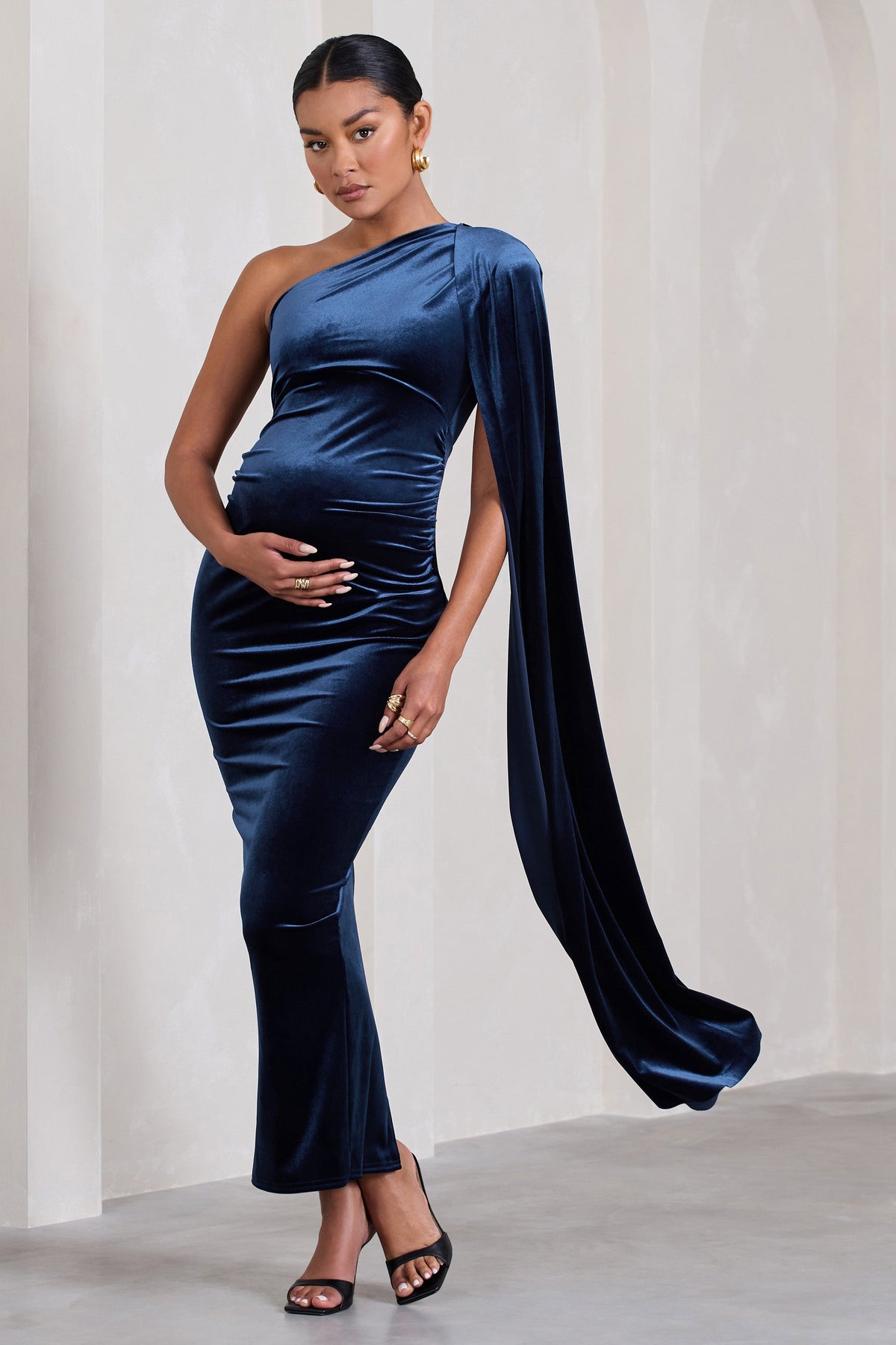 Amaryllis | Navy Velvet Maternity One Shoulder Maxi Dress with Cape Sleeve