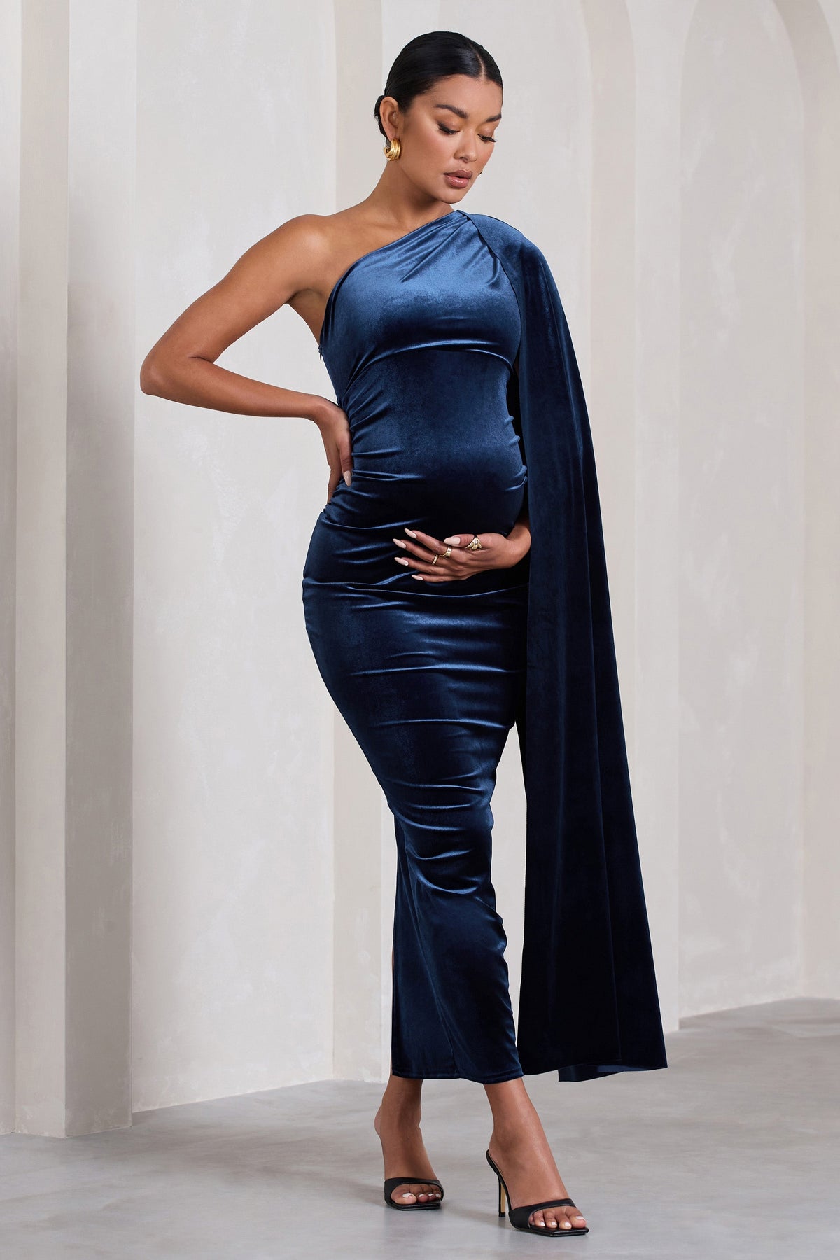 Amaryllis | Navy Velvet Maternity One Shoulder Maxi Dress with Cape Sleeve