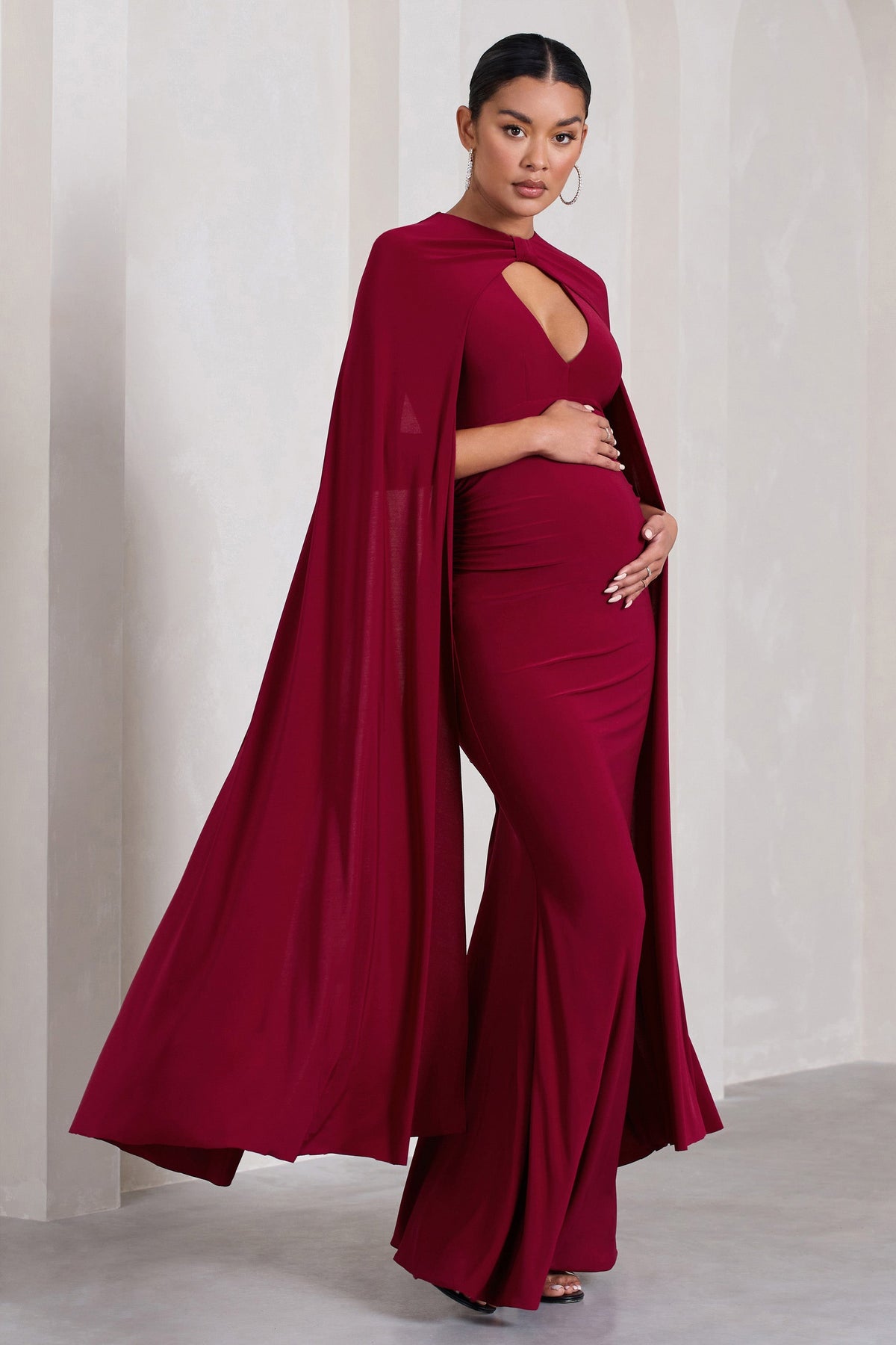 Standing Ovation | Berry Plunge-Neck Cape Maternity Maxi Dress