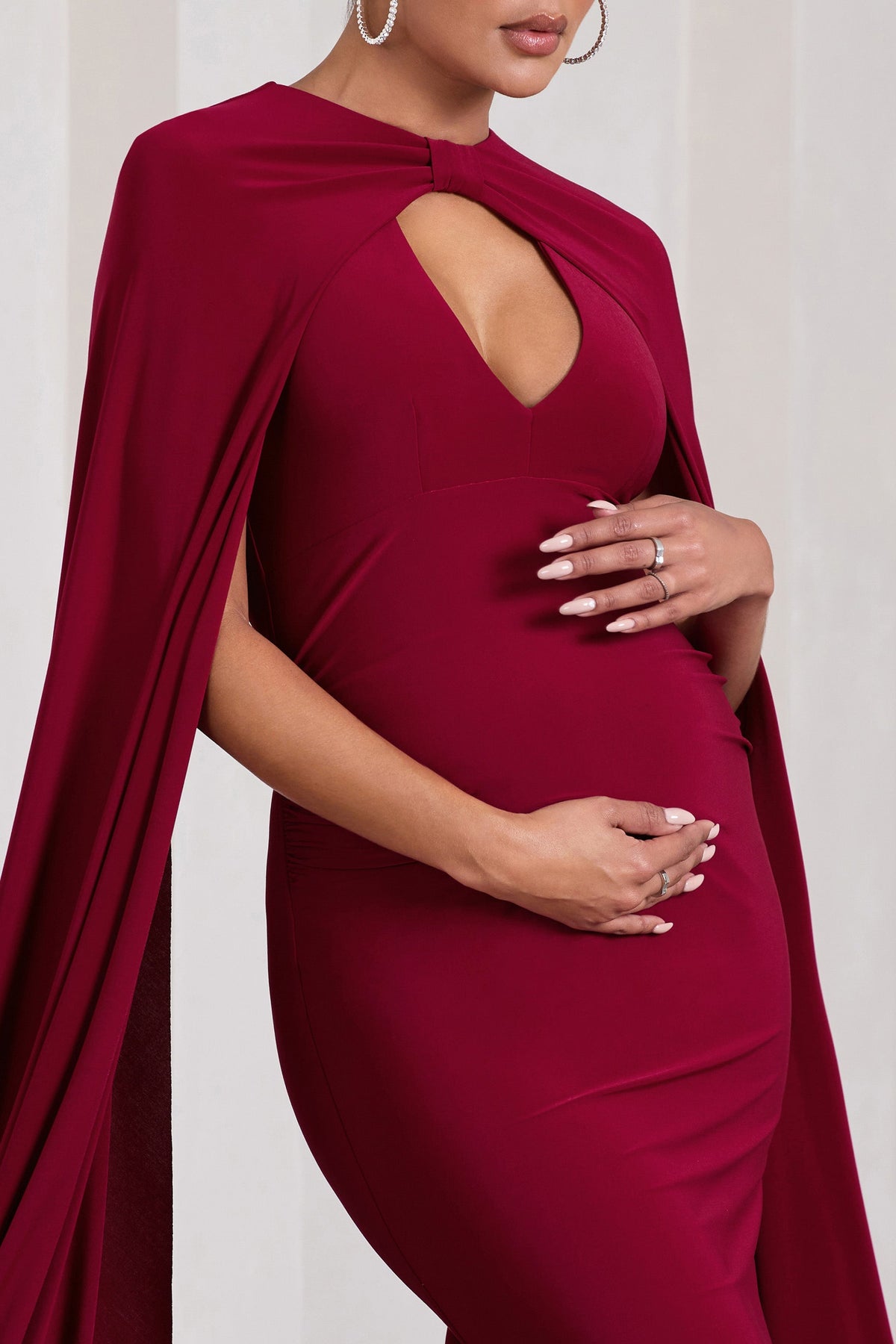 Standing Ovation | Berry Plunge-Neck Cape Maternity Maxi Dress