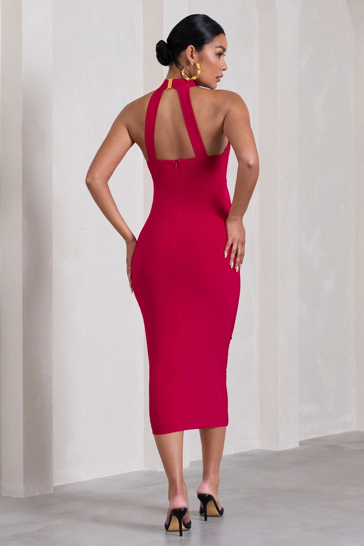 Dora | Red Halter-Neck Open-Back Maternity Midi Dress