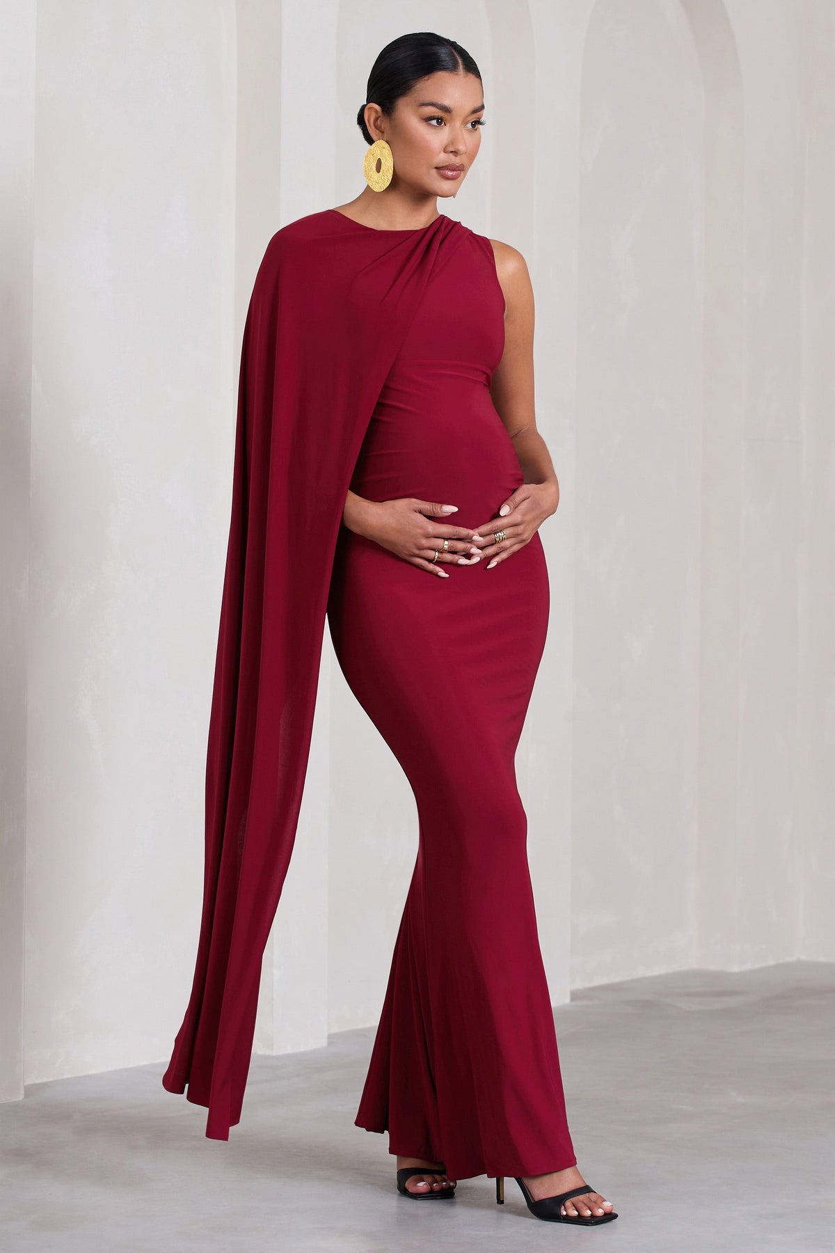 Unveil | Berry One-Sleeve Cape Maternity Maxi Dress