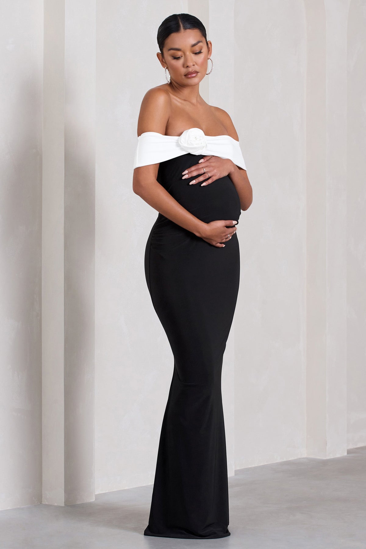 In Bloom | Black & White Bardot Maternity Maxi Dress With Flower