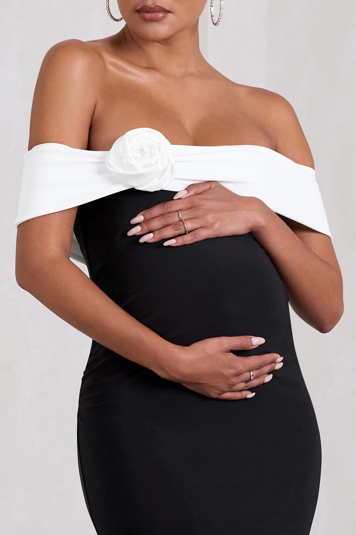 In Bloom | Black & White Bardot Maternity Maxi Dress With Flower