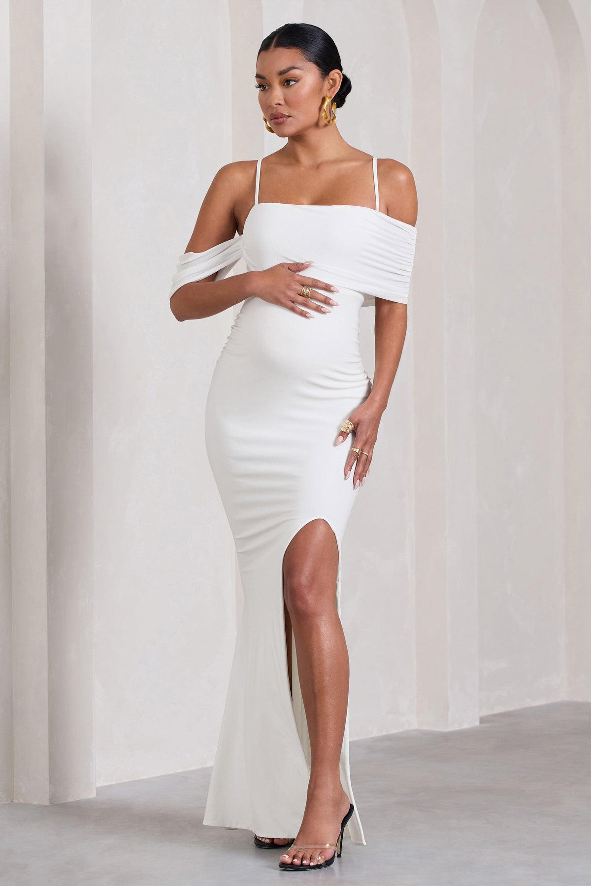 Augusta | White Mesh Bardot Strappy Split Maternity Maxi Dress