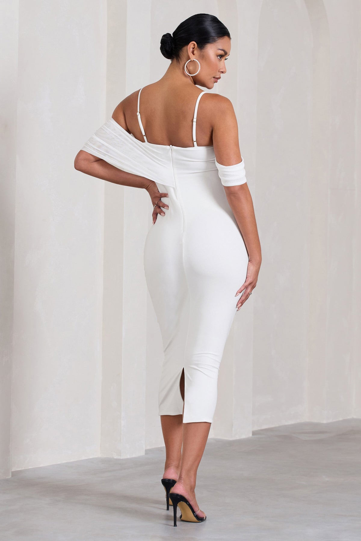 Shelby | White Mesh Bardot Strappy Maternity Midi Dress