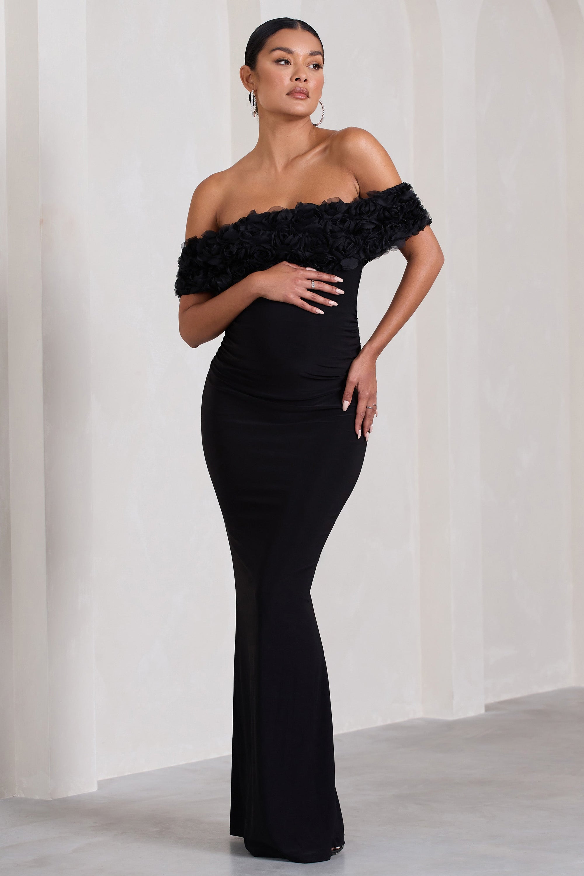 Inflorescence | Black Mesh Floral Bardot Maternity Maxi Dress