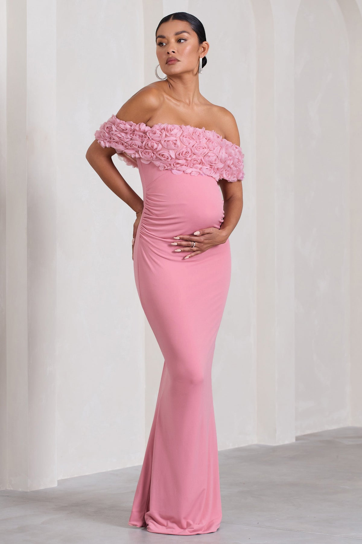 Inflorescence | Blush Pink Mesh Floral Bardot Maternity Maxi Dress