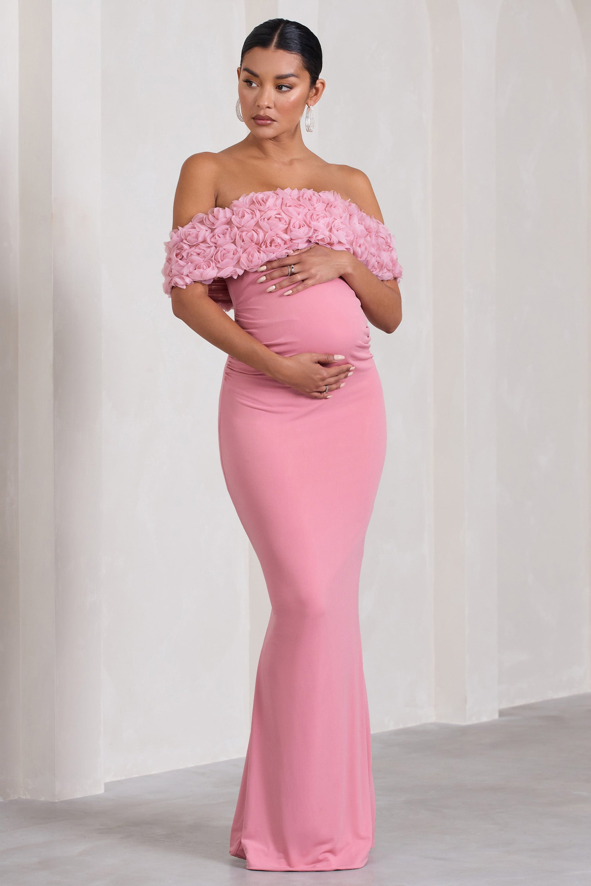Inflorescence | Blush Pink Mesh Floral Bardot Maternity Maxi Dress