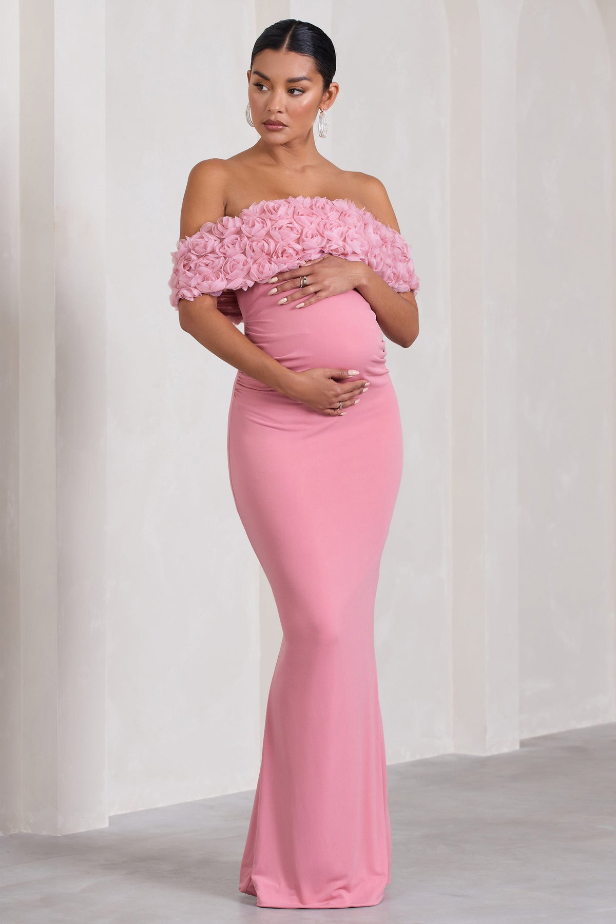 Inflorescence | Blush Pink Mesh Floral Bardot Maternity Maxi Dress