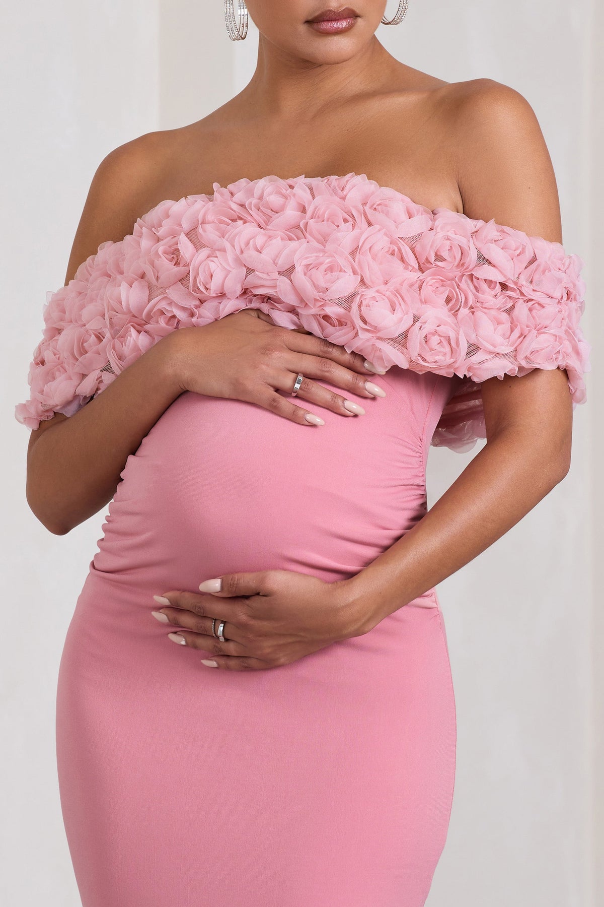 Inflorescence | Blush Pink Mesh Floral Bardot Maternity Maxi Dress