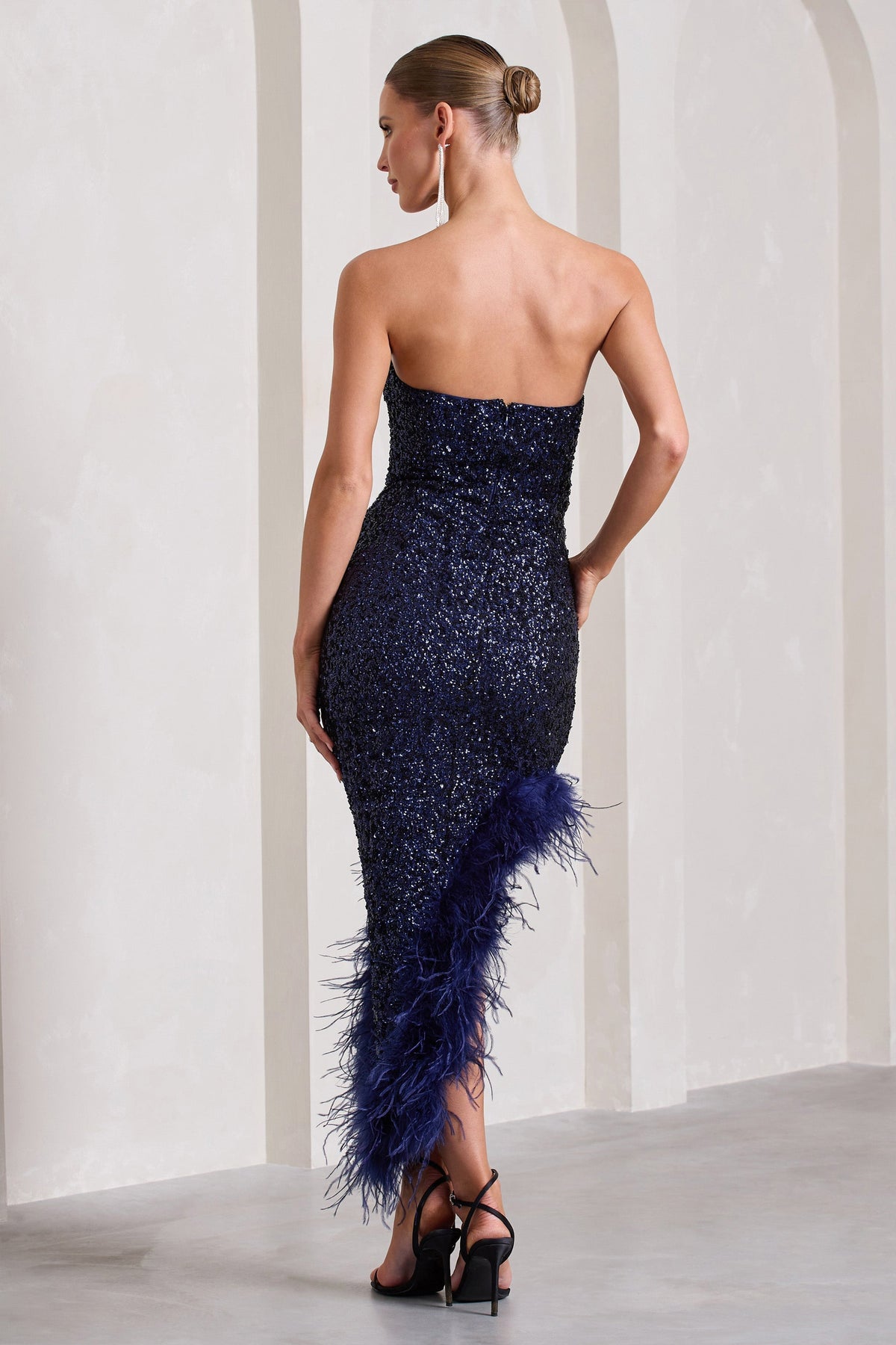 Emulate | Navy Sequin Asymmetric Bandeau Maxi Dress With Feathers