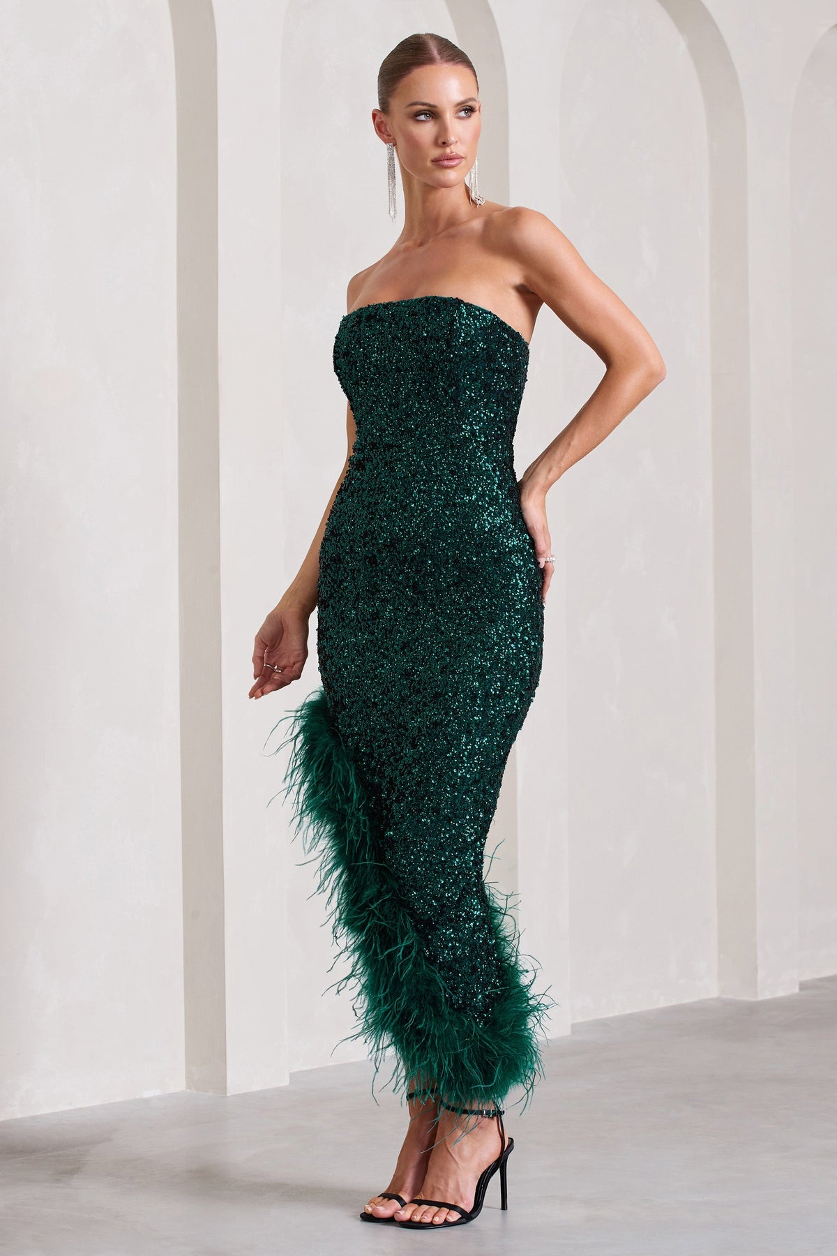 Emulate | Bottle Green Sequin Asymmetric Bandeau Maxi Dress With Feathers