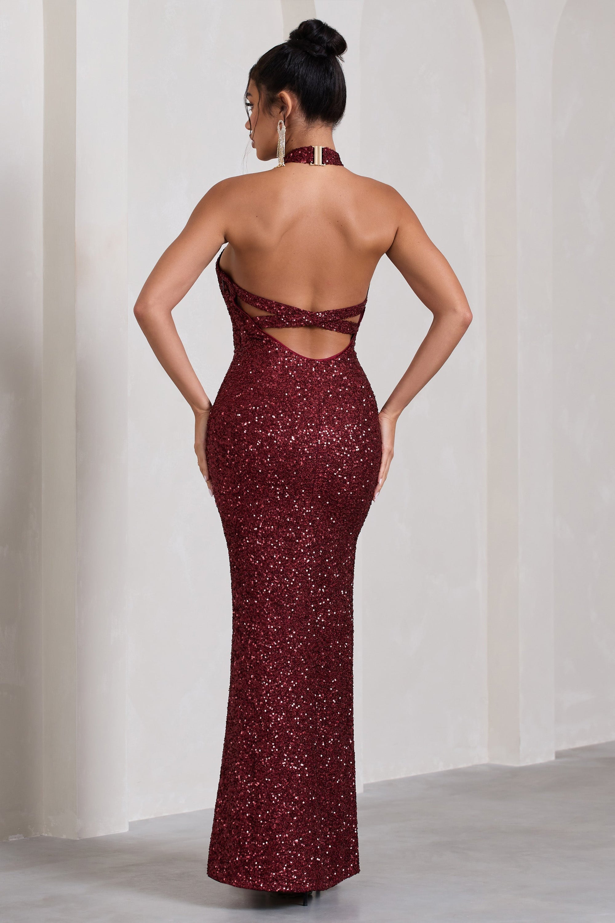 On The Rise | Berry Sequin High-Neck Strappy-Back Split Maxi Dress