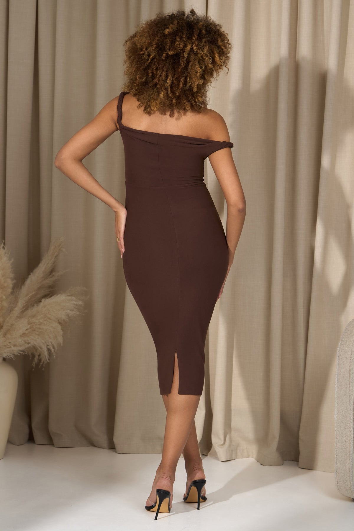 Salome | Chocolate Brown Twisted Asymmetric Maternity Midi Dress