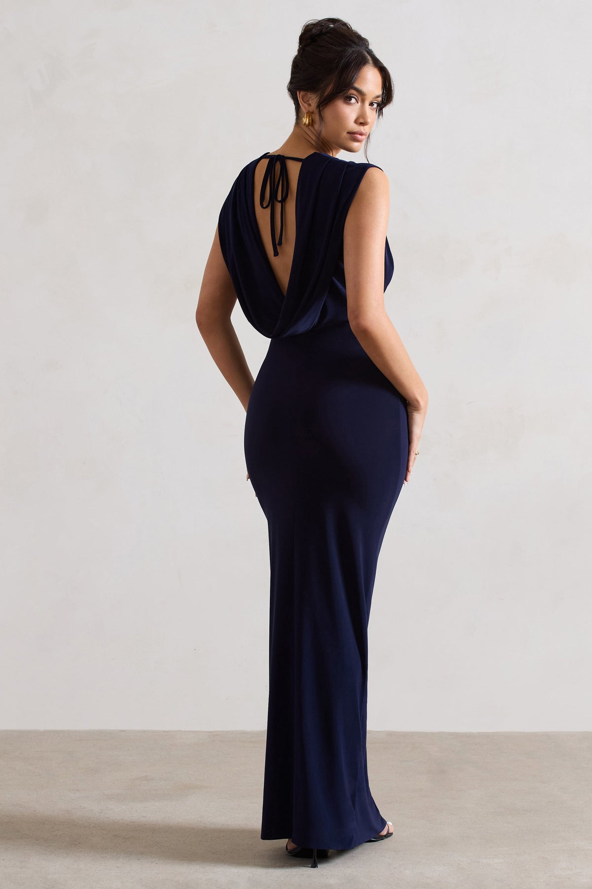 Honour | Navy V-Neck Split Maxi Dress With Cowl-Back