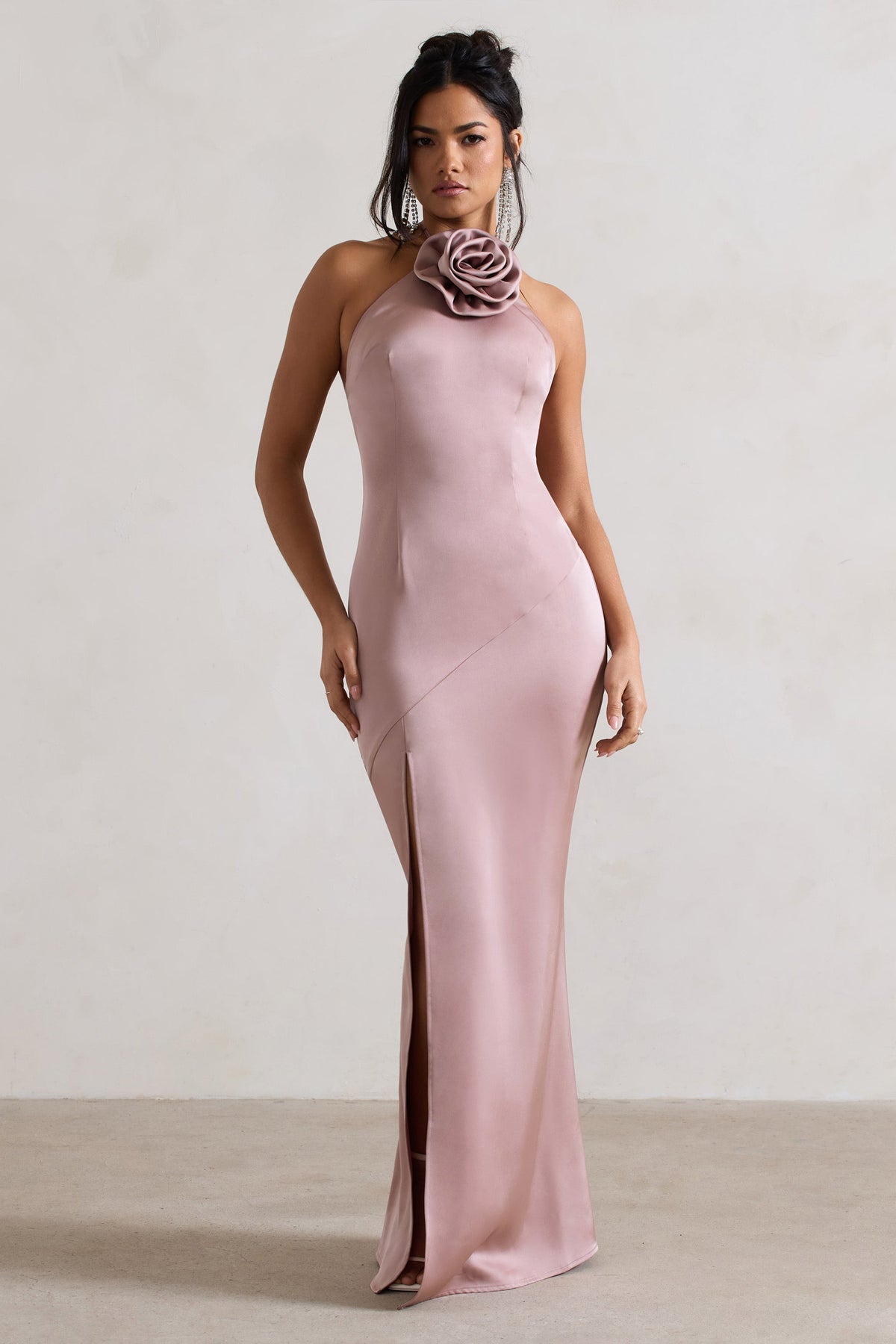 Cesca | Blush Pink Satin Halter-Neck Maxi Dress With Flower Corsage