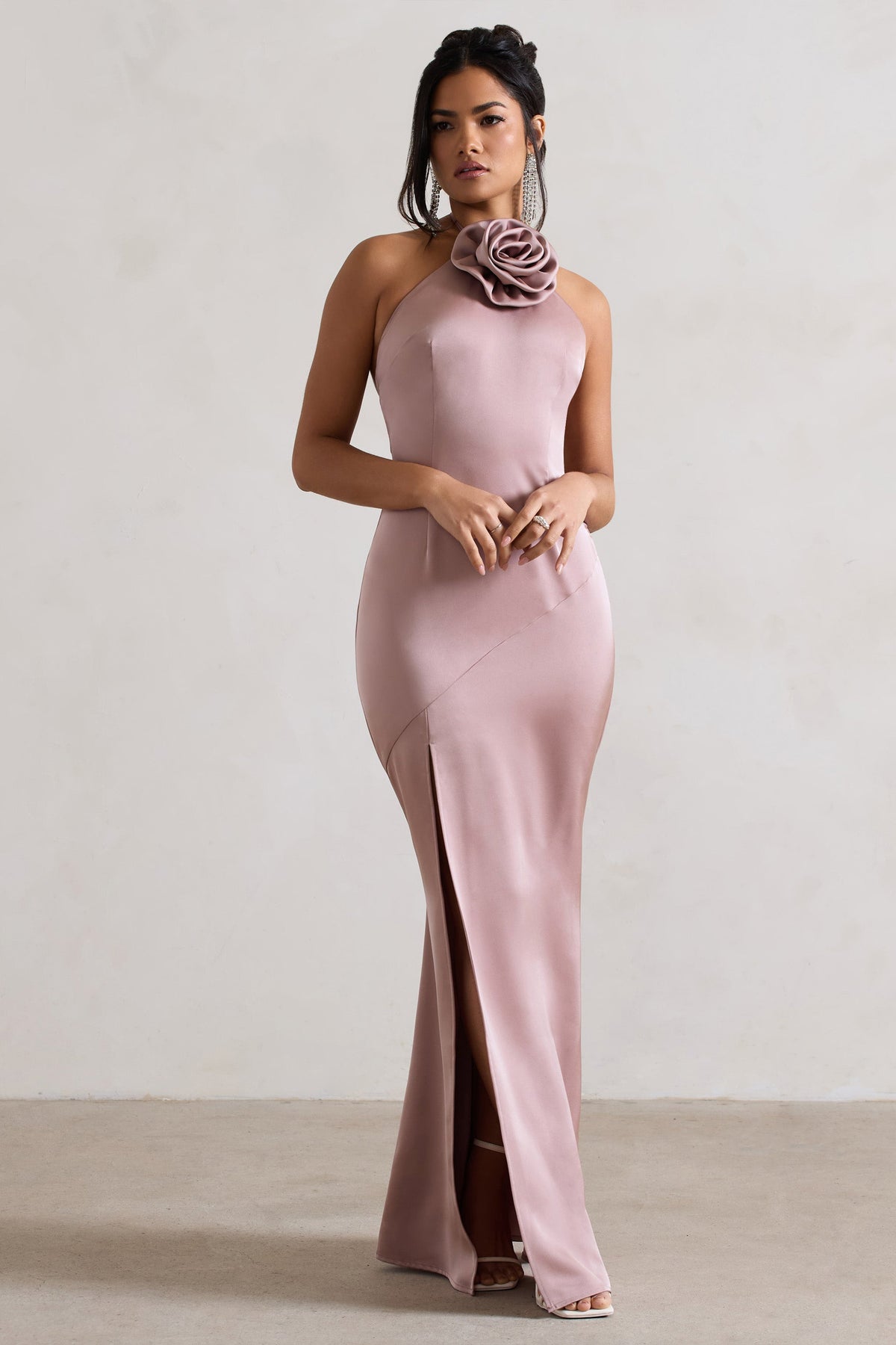 Cesca | Blush Pink Satin Halter-Neck Maxi Dress With Flower Corsage