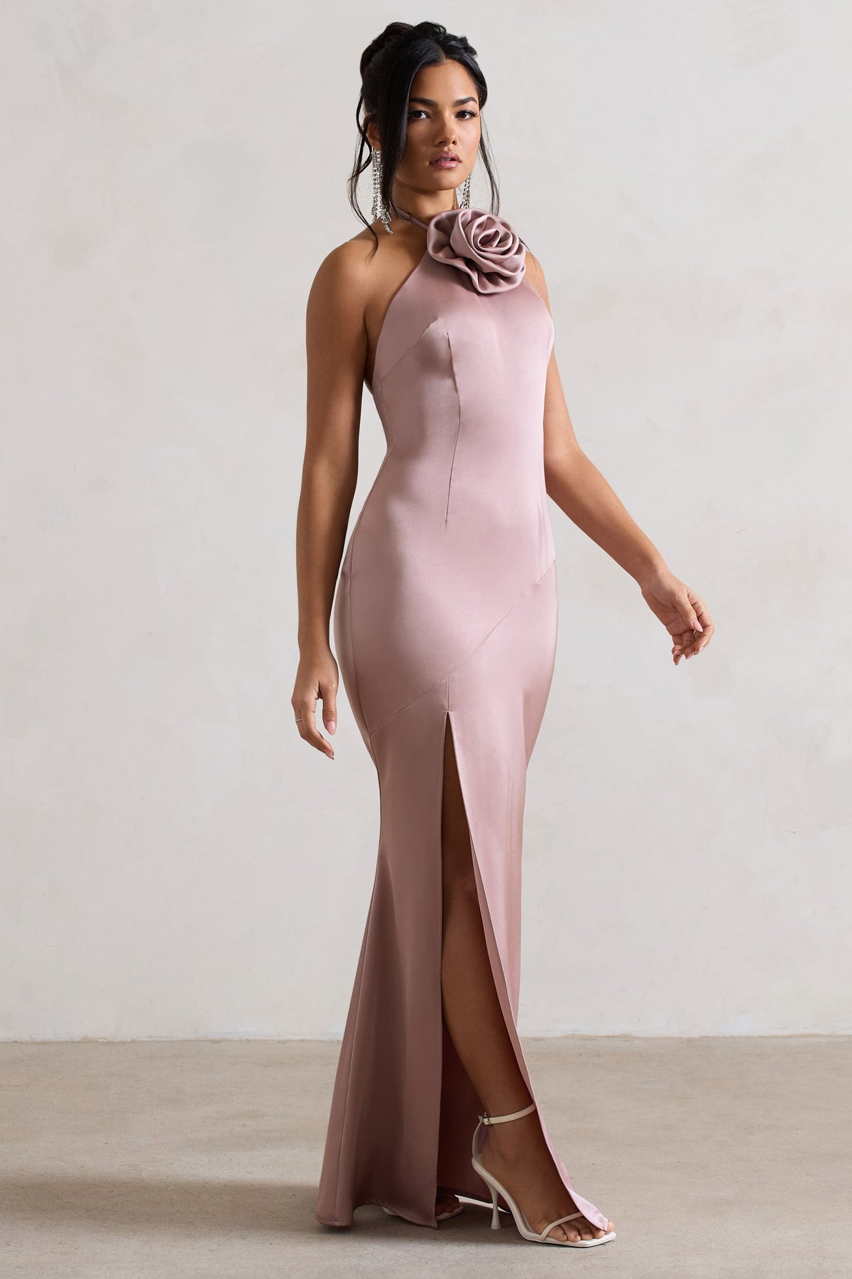 Cesca | Blush Pink Satin Halter-Neck Maxi Dress With Flower Corsage