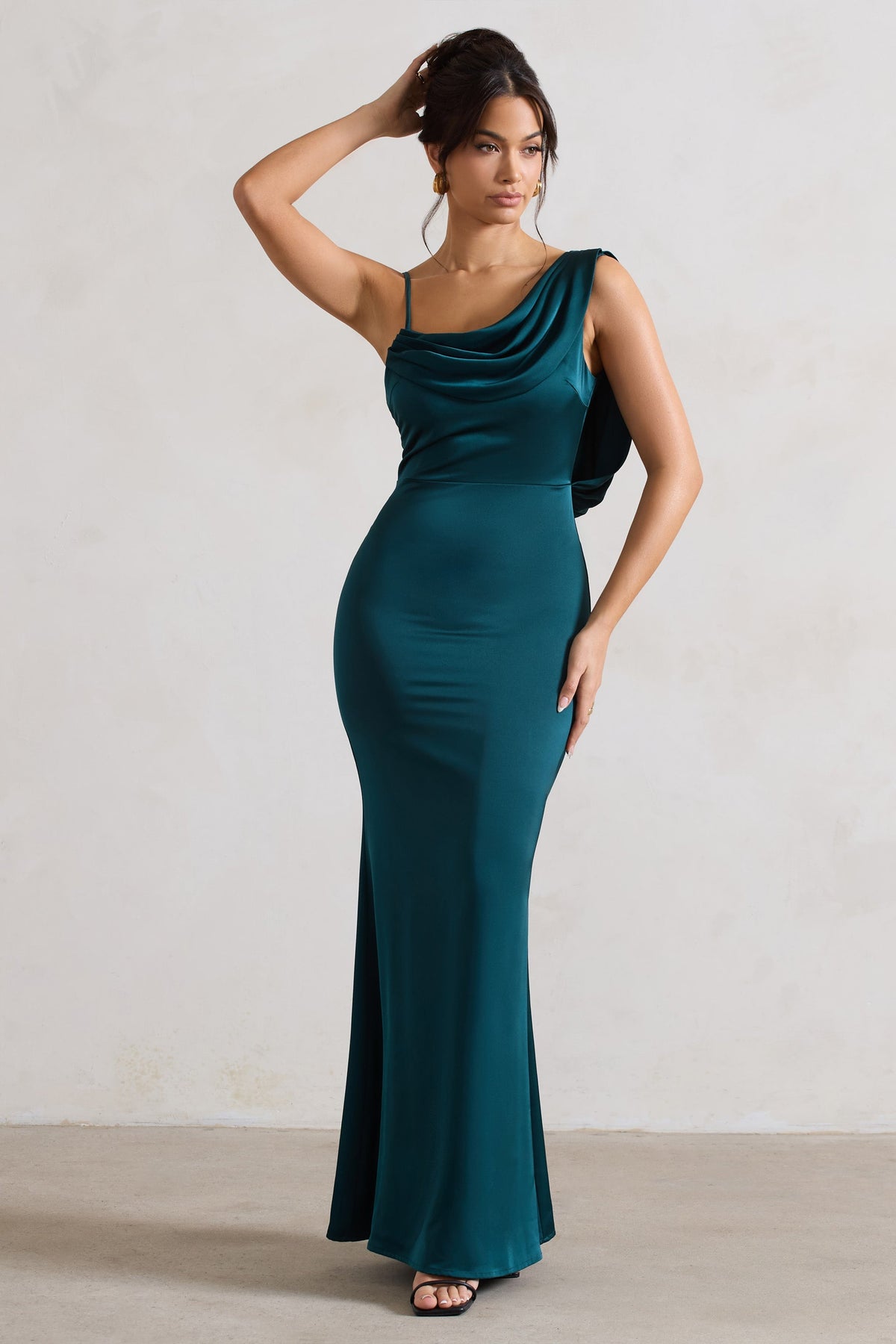 Wistful | Dark Green Satin Asymmetric Cowl-Neck Maxi Dress