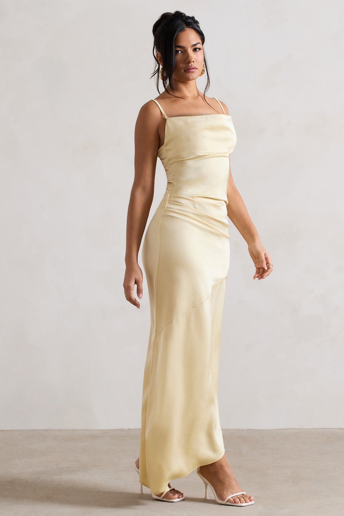 Santi | Lemon Satin Cowl-Neck Asymmetric Maxi Dress