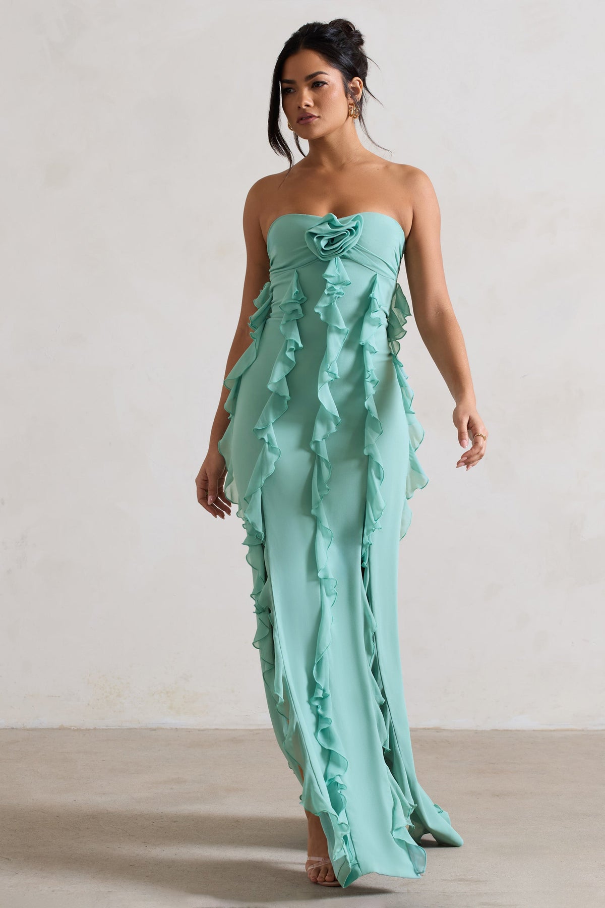 Gardenia | Mint Green Strapless Ruffle Maxi Dress With Corsage