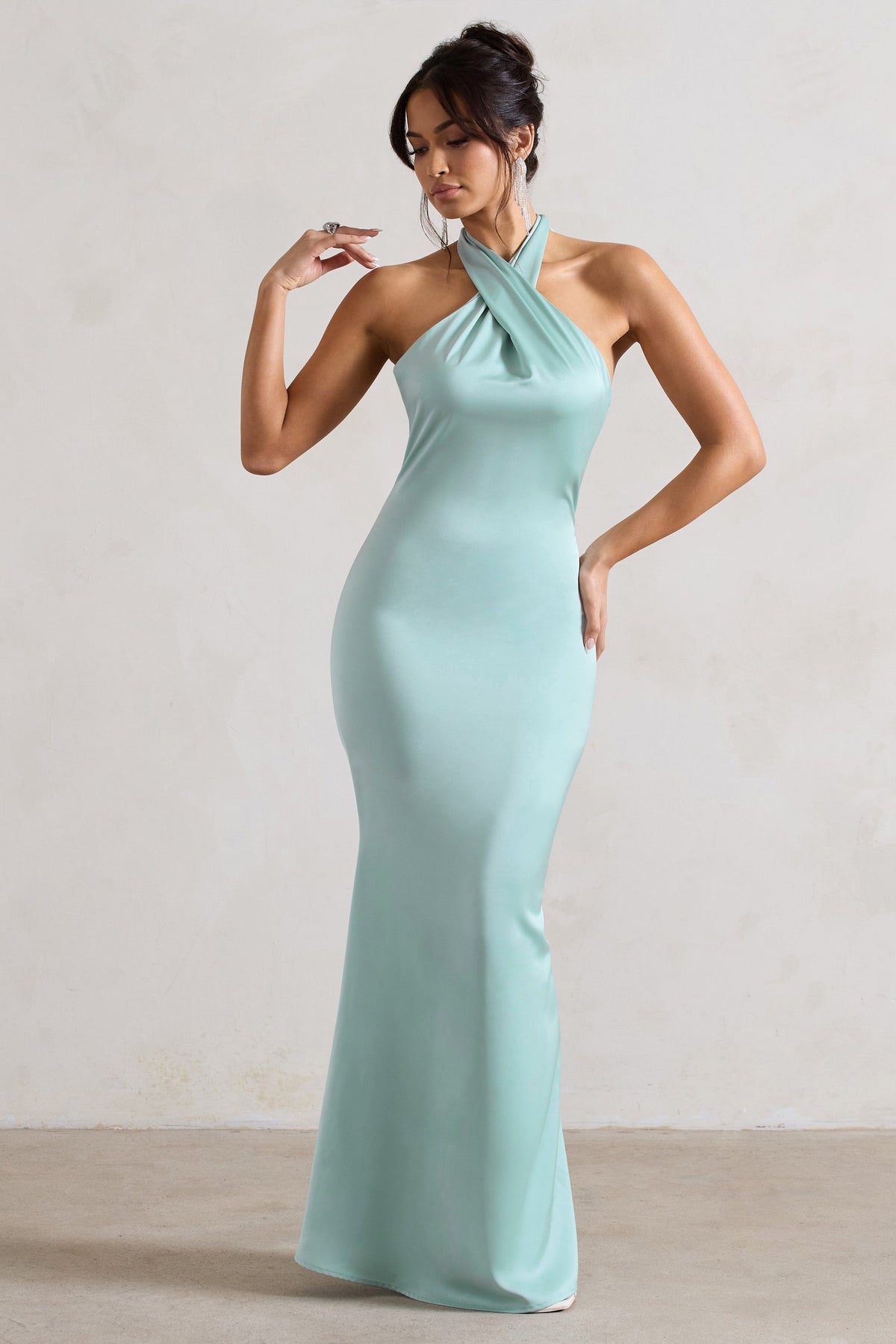 Unbeatable | Mint Green Satin Cross Over Halter-Neck Maxi Dress