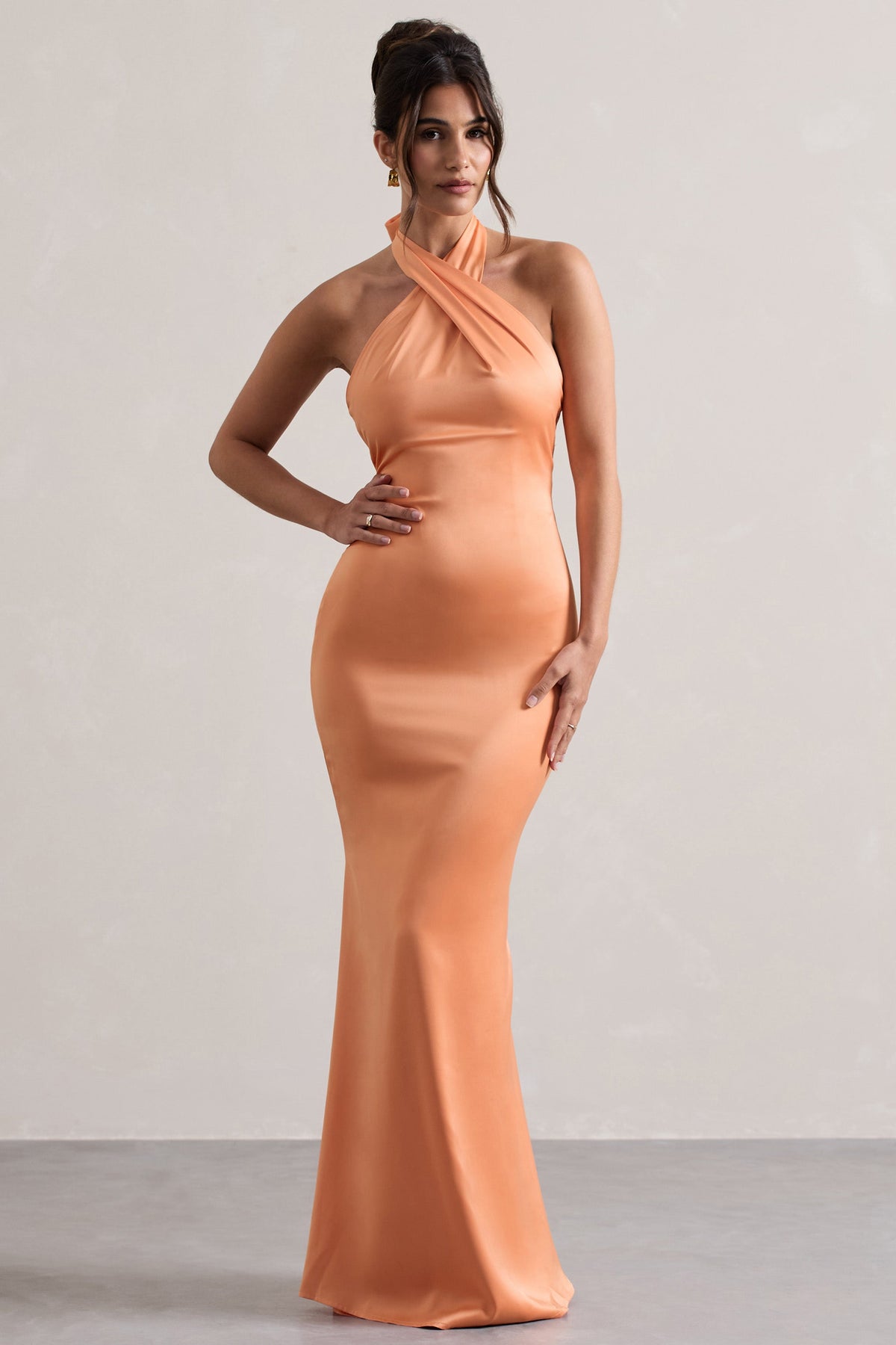 Unbeatable Peach Satin Cross Over Halter-Neck Maxi Dress Club L London - SA Unbeatable Peach Satin Cross Over Halter-Neck Maxi Dress Club L London - SA