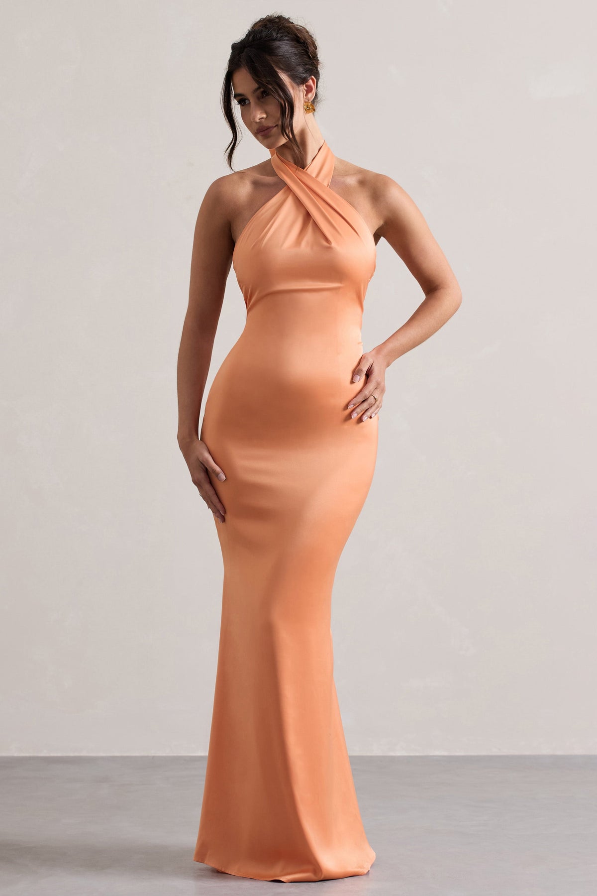 Unbeatable | Peach Satin Cross Over Halter-Neck Maxi Dress