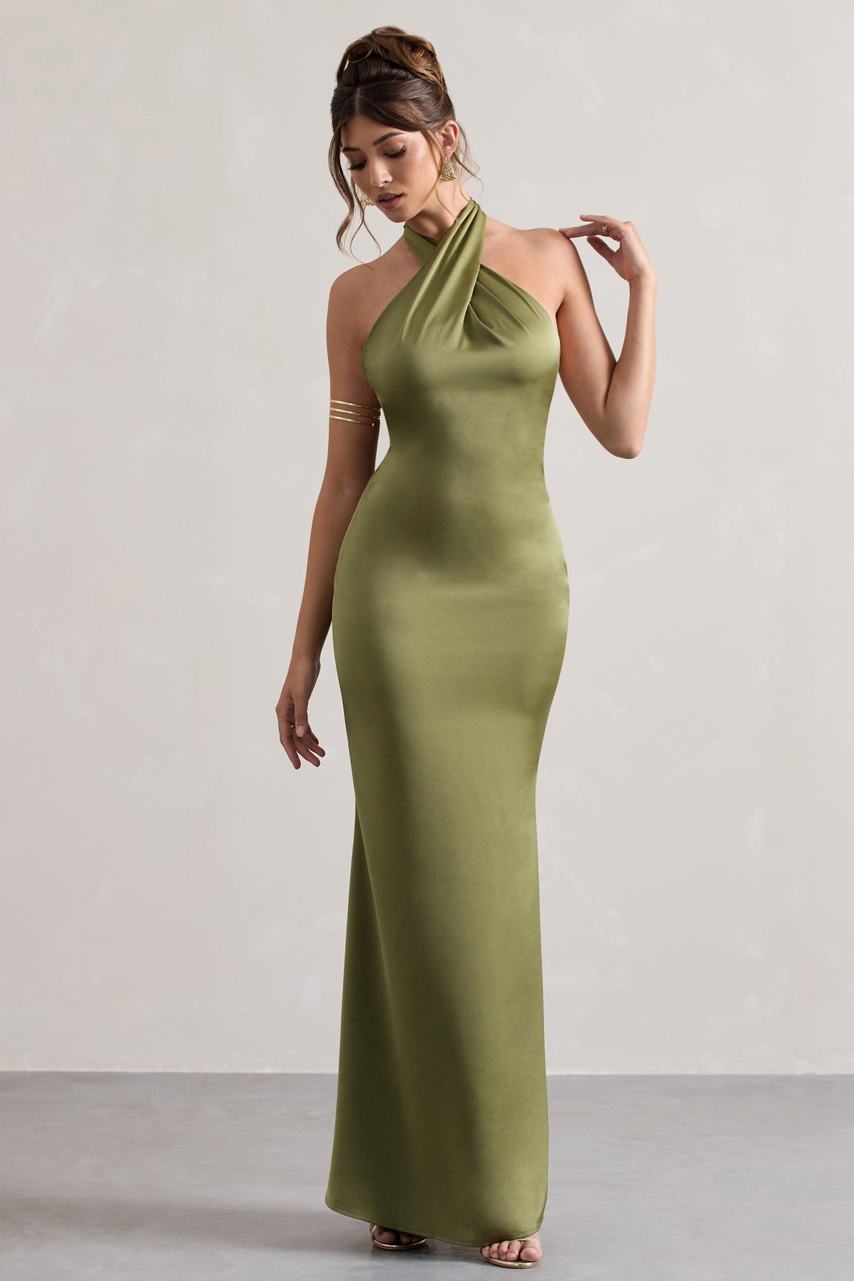 Summer Halter Dress For Wedding Guest Unbeatable Olive Satin Cross Over Halter-Neck Maxi Dress Club L London SA Summer Halter Dress For Wedding Guest Unbeatable Olive Satin Cross Over Halter-Neck Maxi Dress Club L London SA