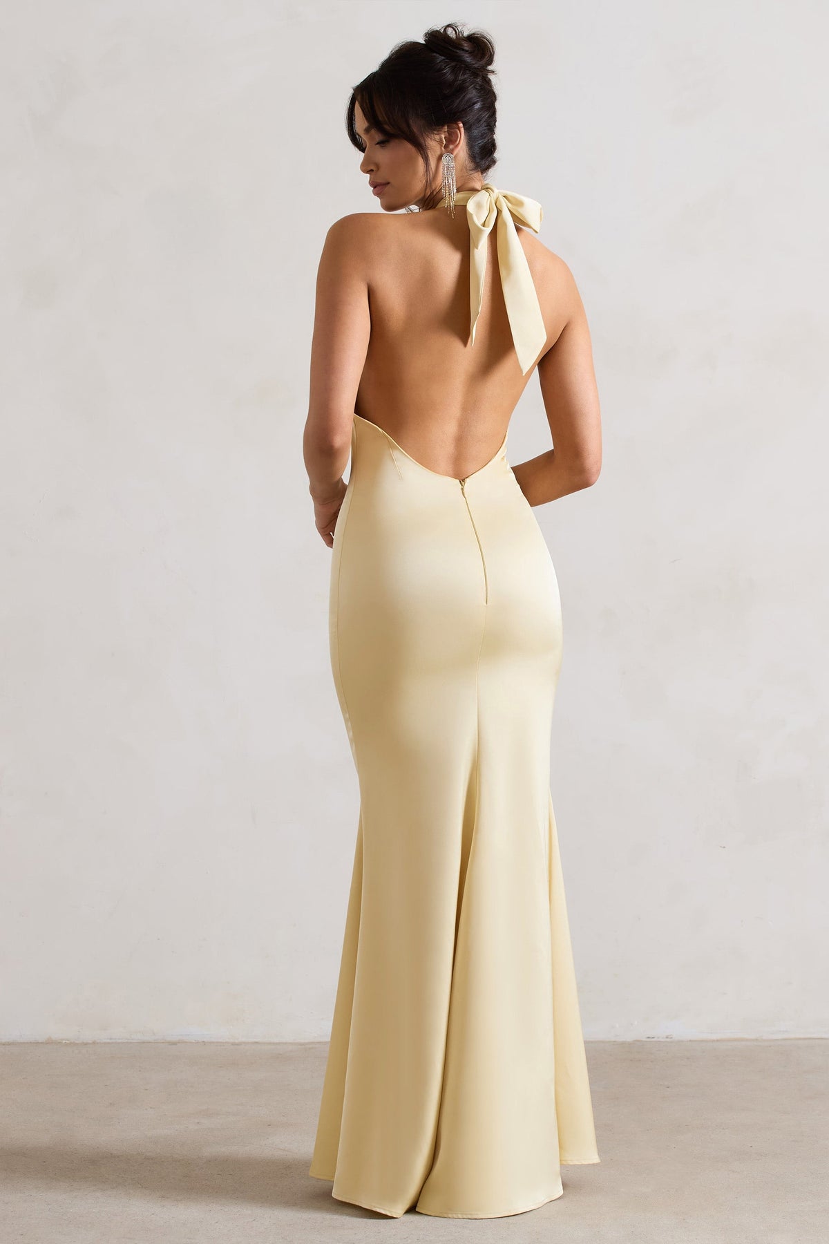 Unbeatable | Lemon Satin Cross Over Halter-Neck Maxi Dress