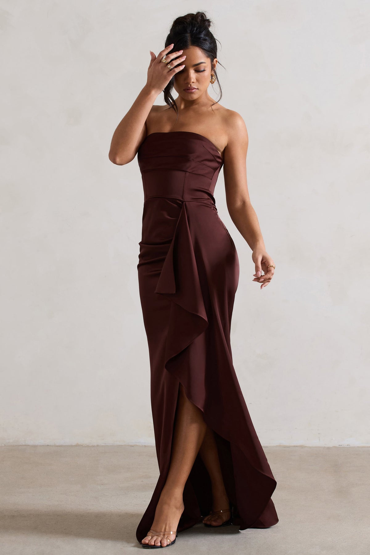 Ace | Chocolate Brown Satin Bandeau Split Maxi Dress With Ruffle Drape