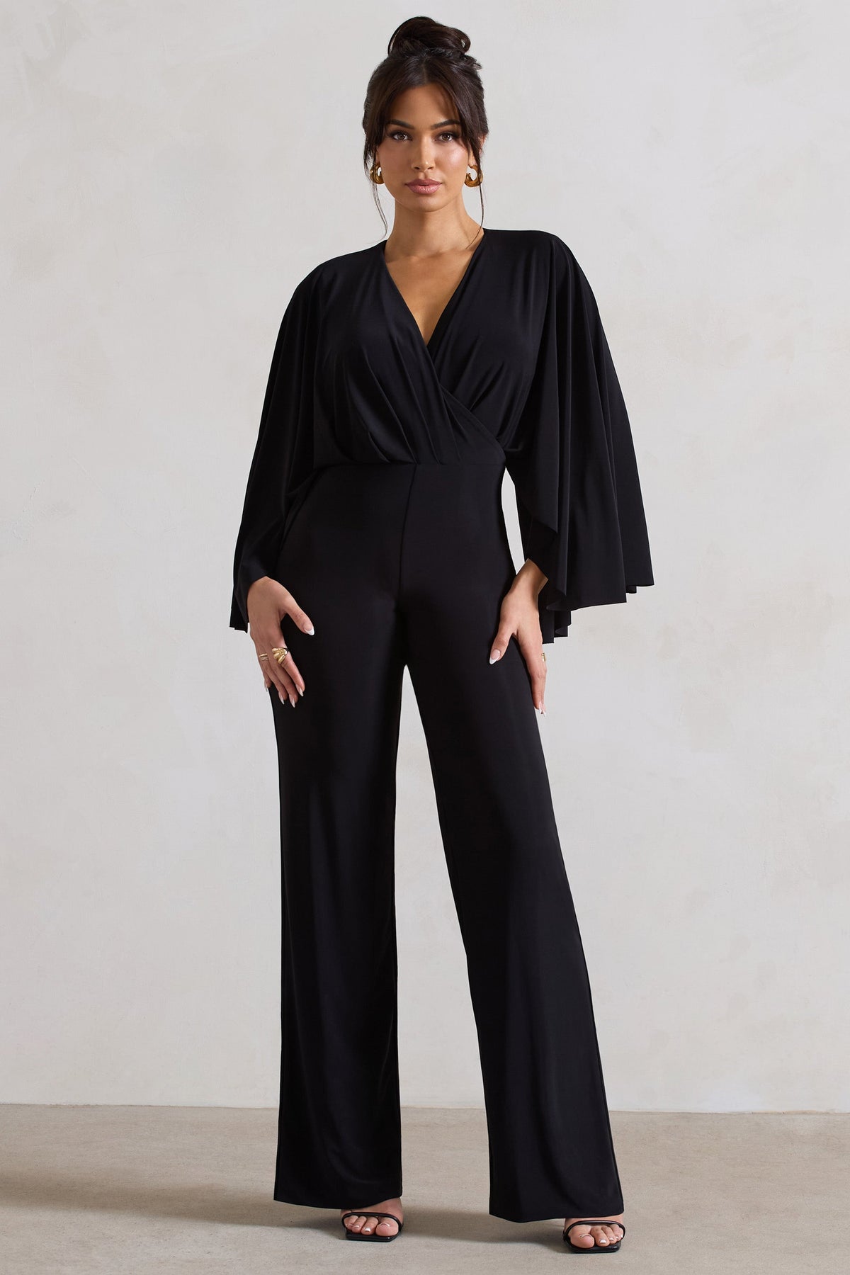 Nori | Black Plunge-Neck Straight-Leg Cape Jumpsuit