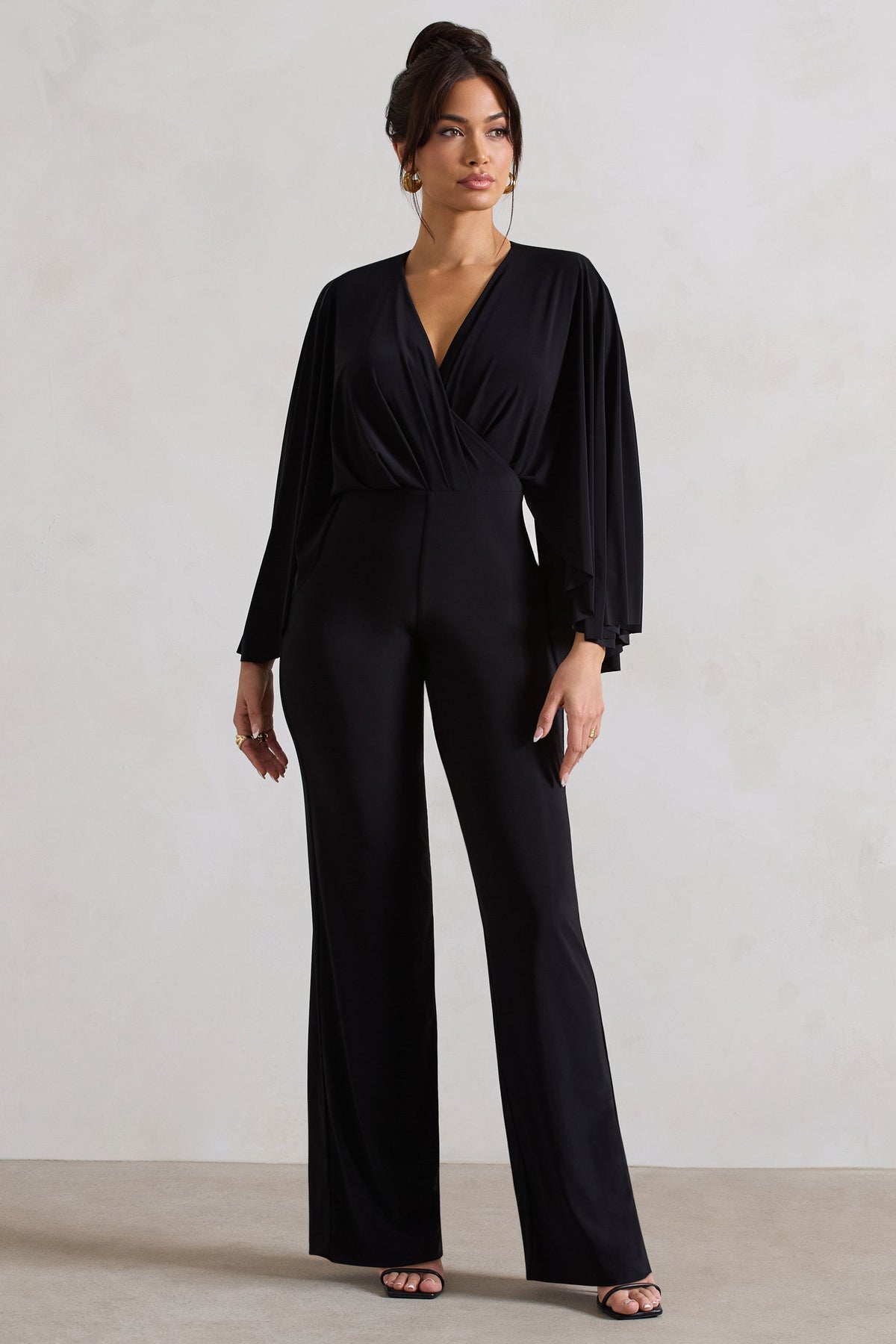 Nori | Black Plunge-Neck Straight-Leg Cape Jumpsuit