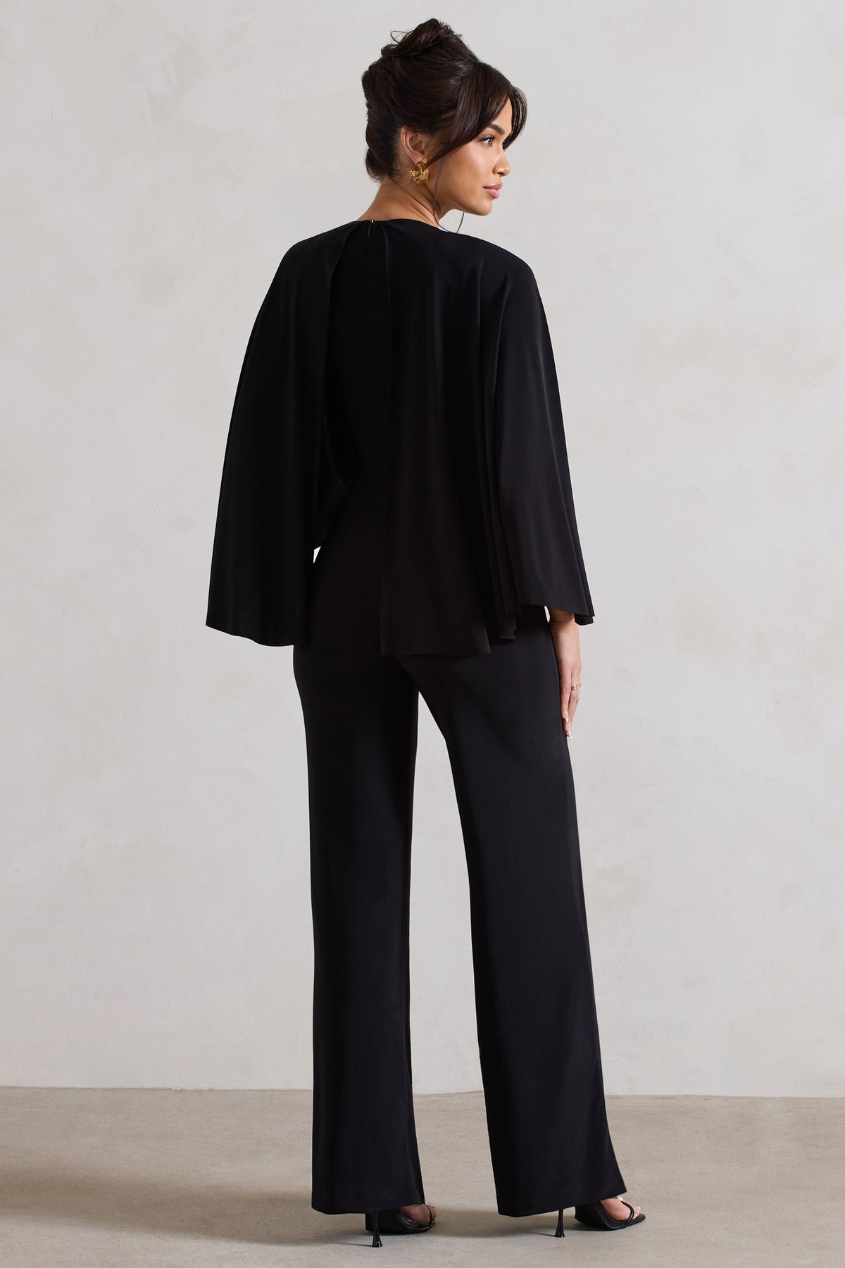 Nori | Black Plunge-Neck Straight-Leg Cape Jumpsuit