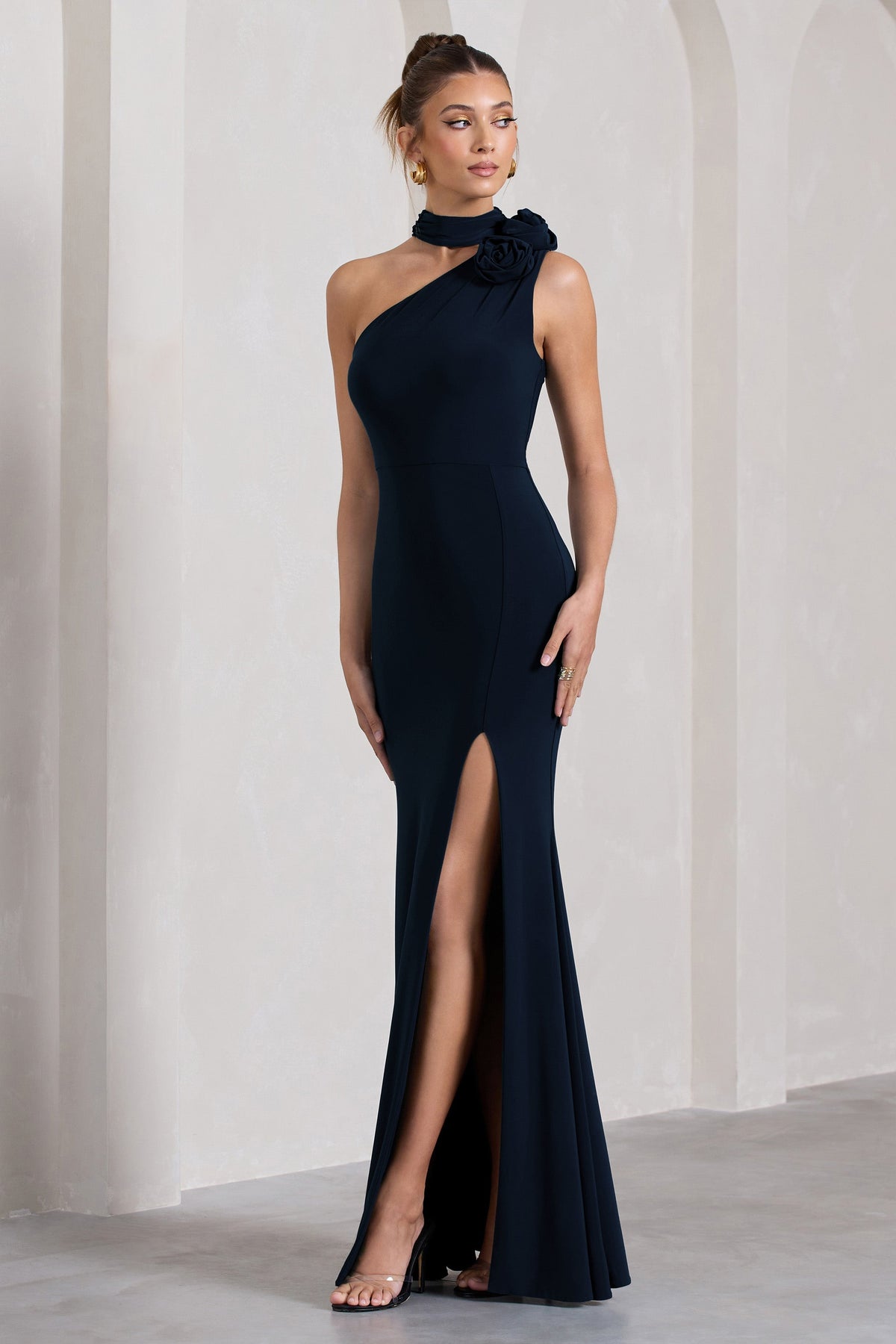 In Suspense | Navy Asymmetric Halter-Neck Split Maxi Dress With Flower