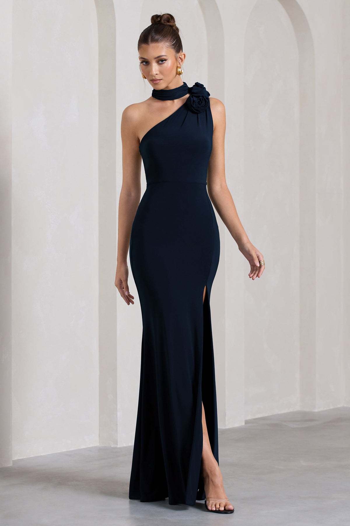 In Suspense | Navy Asymmetric Halter-Neck Split Maxi Dress With Flower