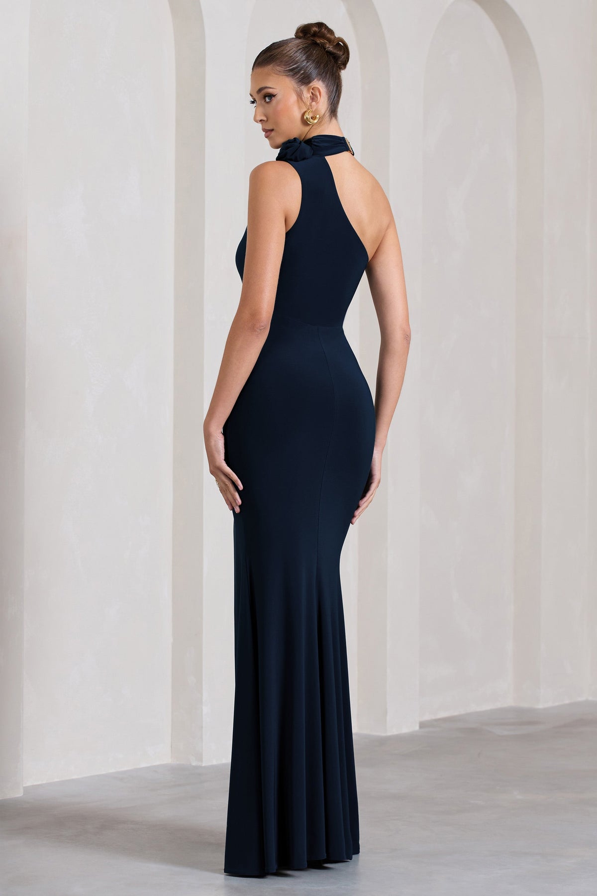 In Suspense | Navy Asymmetric Halter-Neck Split Maxi Dress With Flower