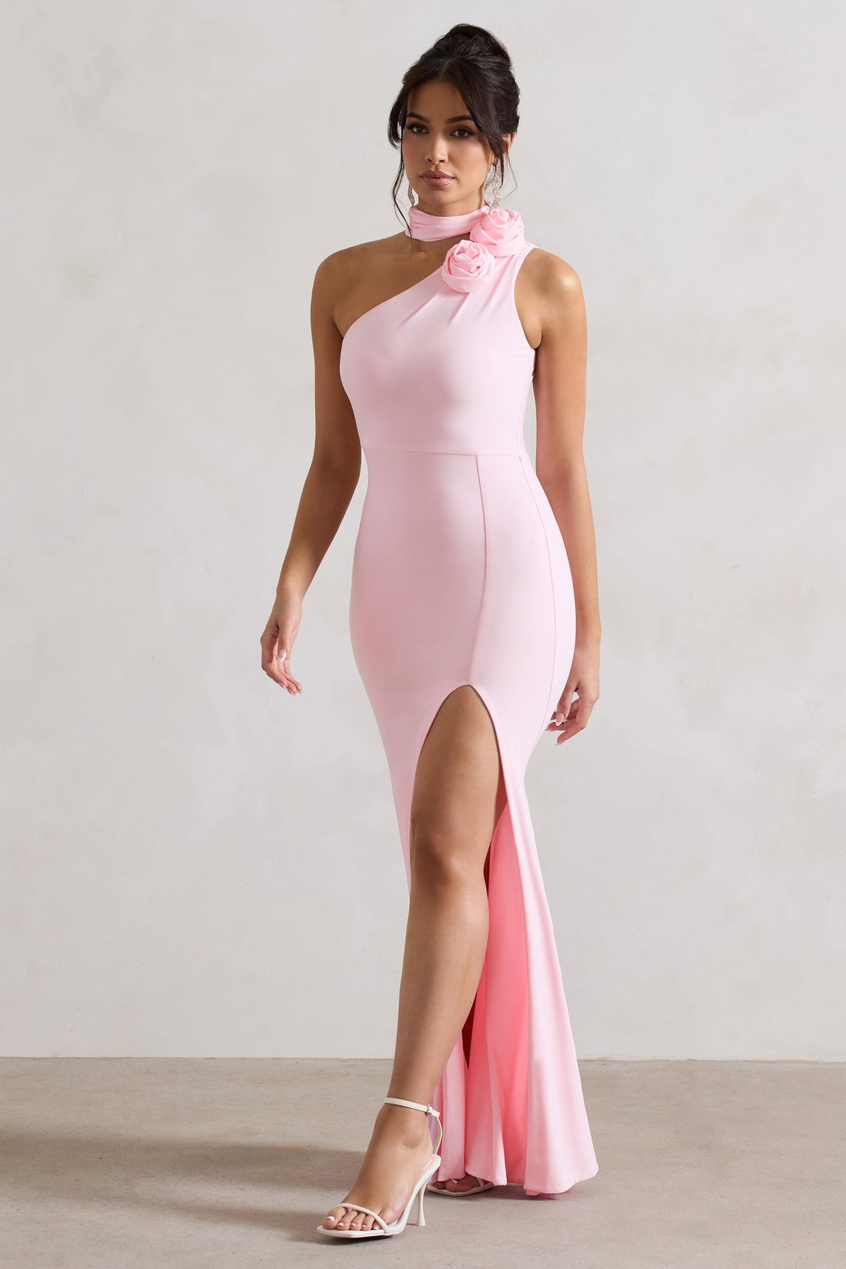 In Suspense | Pink Asymmetric Halter-Neck Split Maxi Dress With Flower