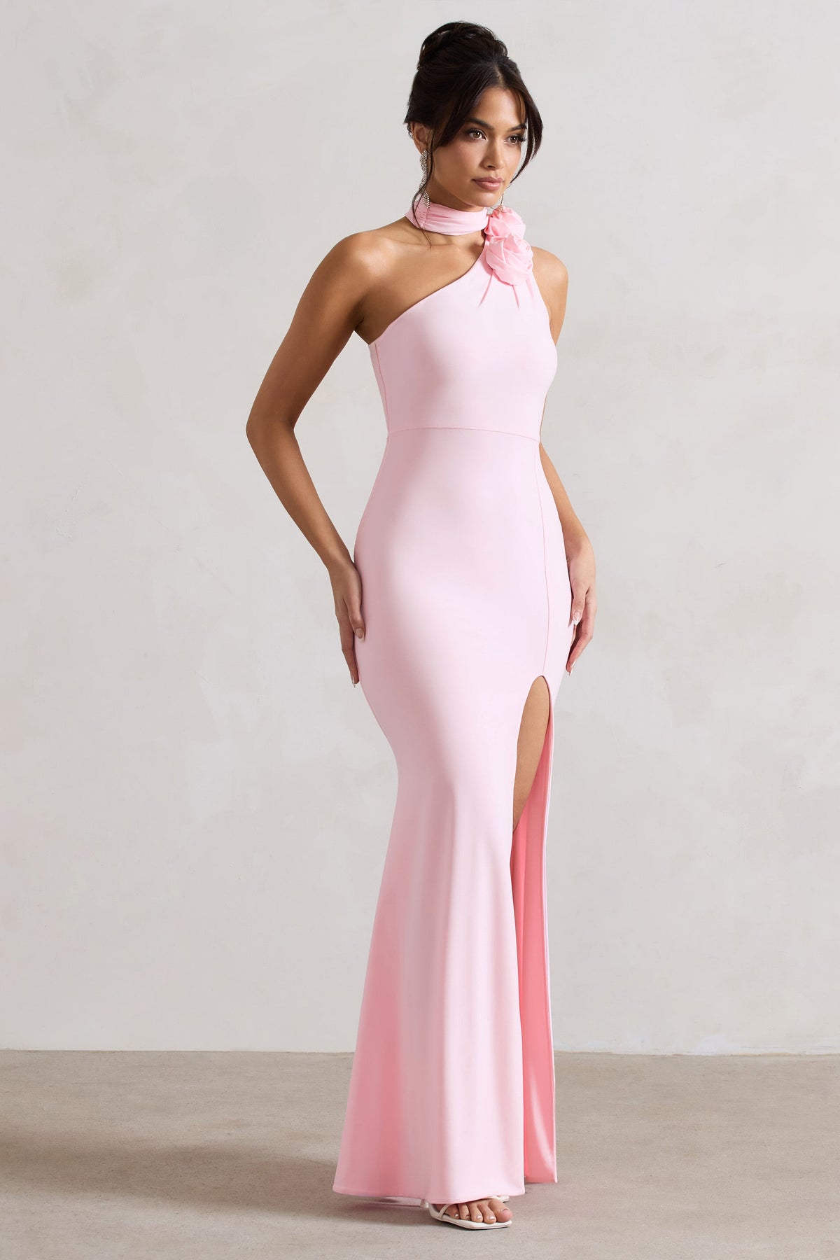 In Suspense | Pink Asymmetric Halter-Neck Split Maxi Dress With Flower