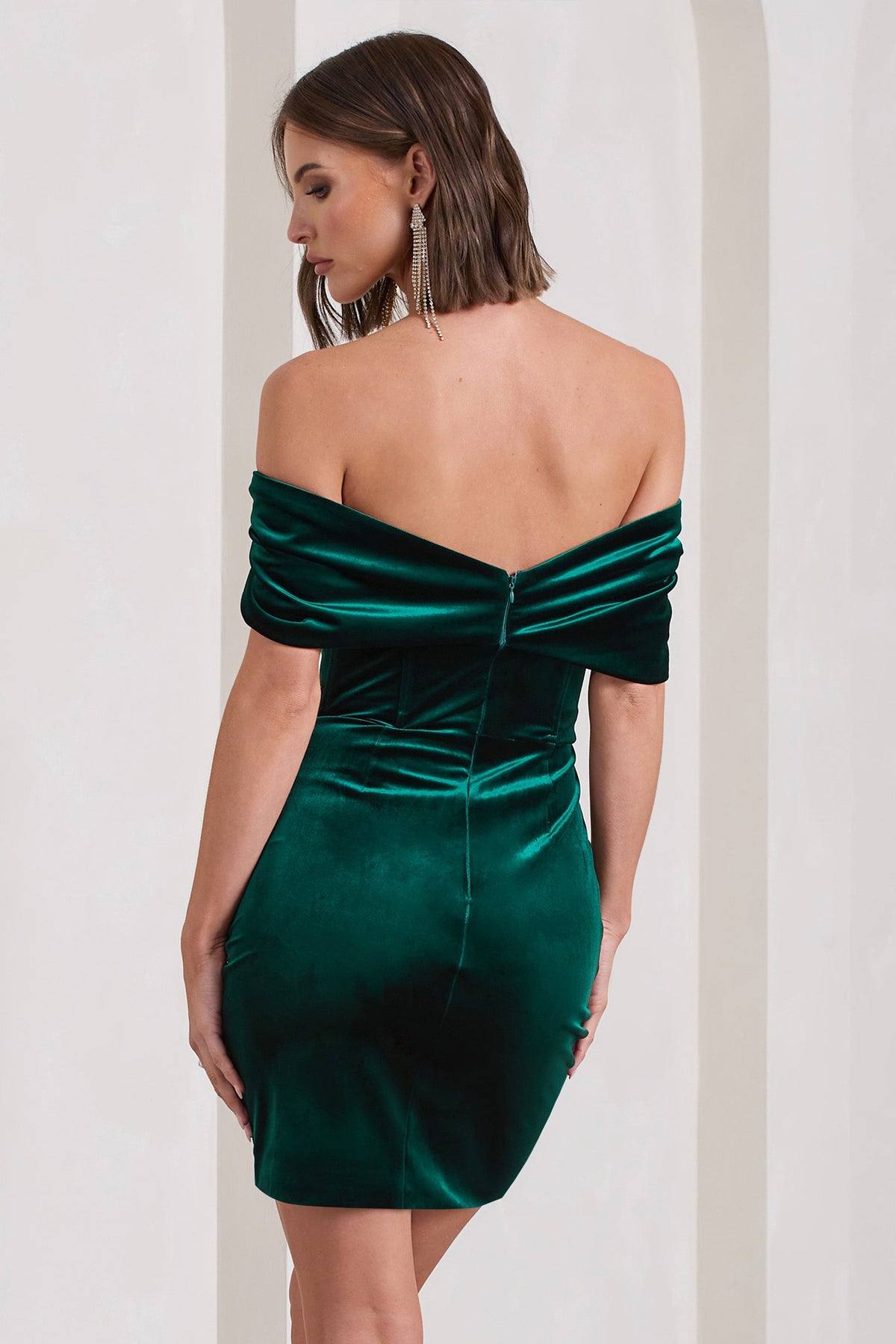 Snowdrop | Bottle Green Velvet Bardot Wrap Mini Dress