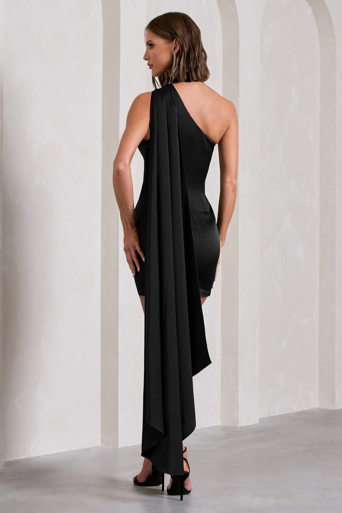 Natalie | Black Satin Asymmetric Mini Dress With Scarf Detail
