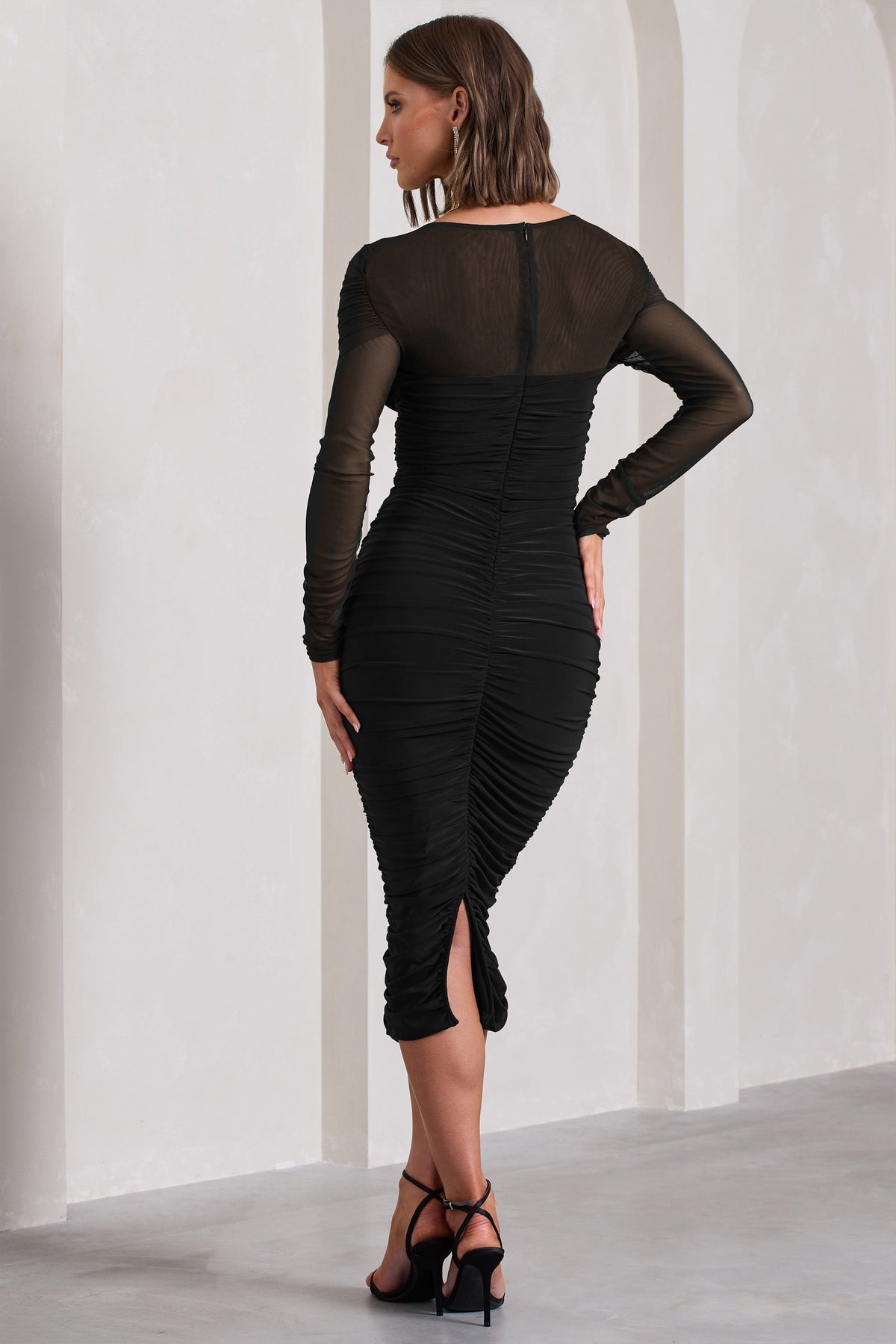 Between The Lines | Black Ruched Mesh Long-Sleeved Bodycon Midi Dress