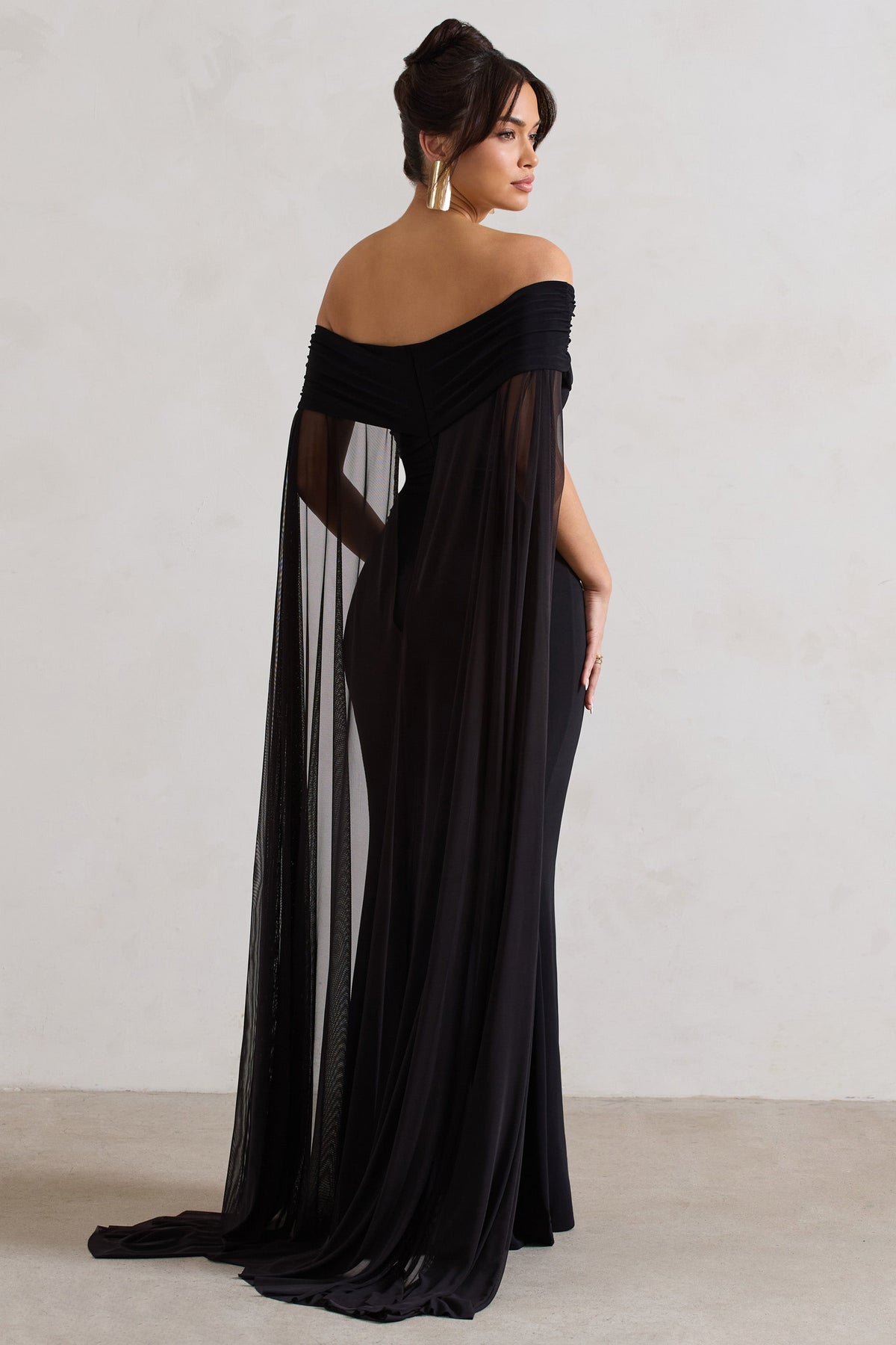 Carlotta | Black Bardot Maxi Dress With Chiffon Cape